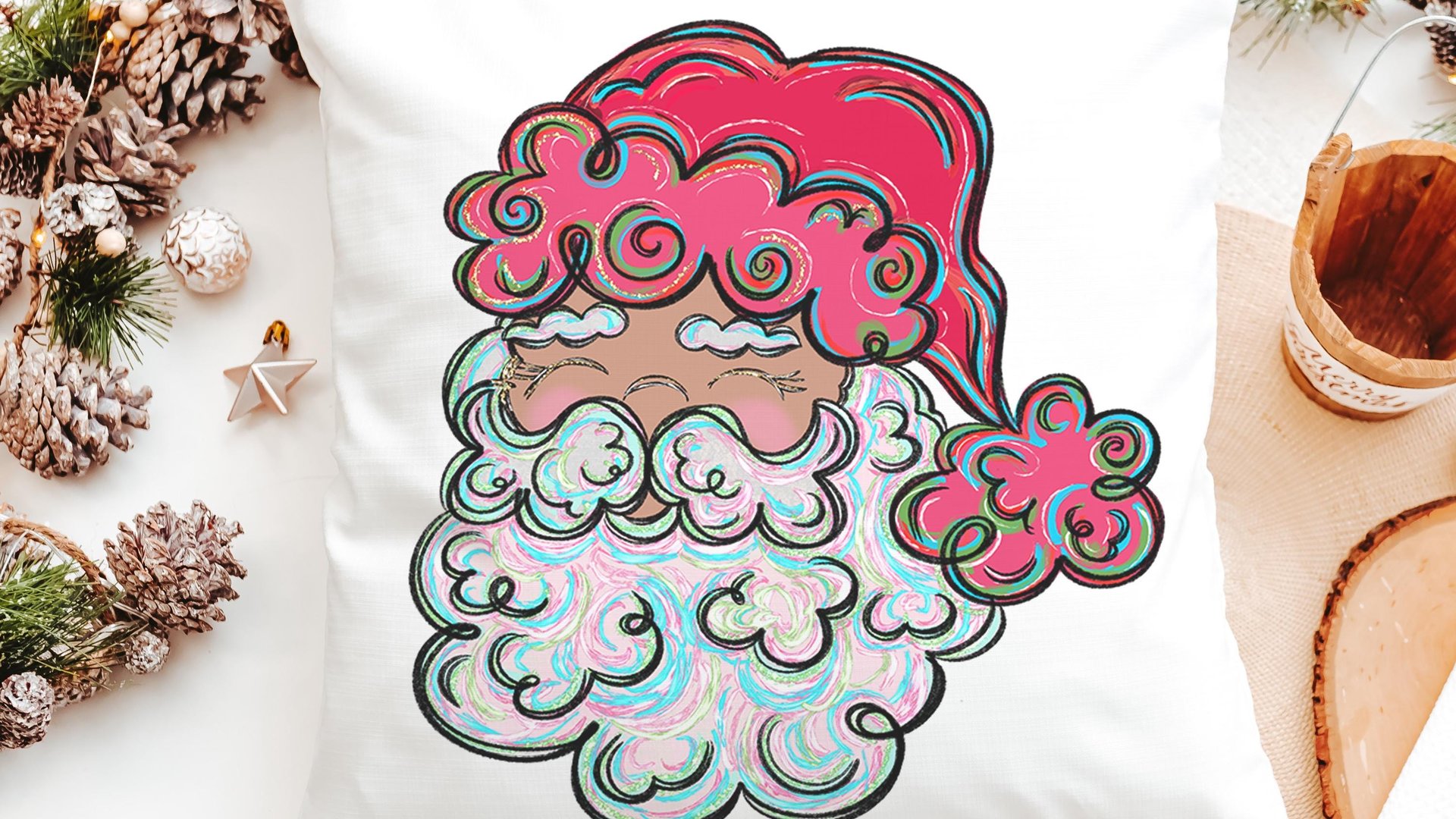 colorful Santa throw pillows for kids playroom, holiday hosting decor home decor gift, fun Christmas decorative pillows for couch, whimsical