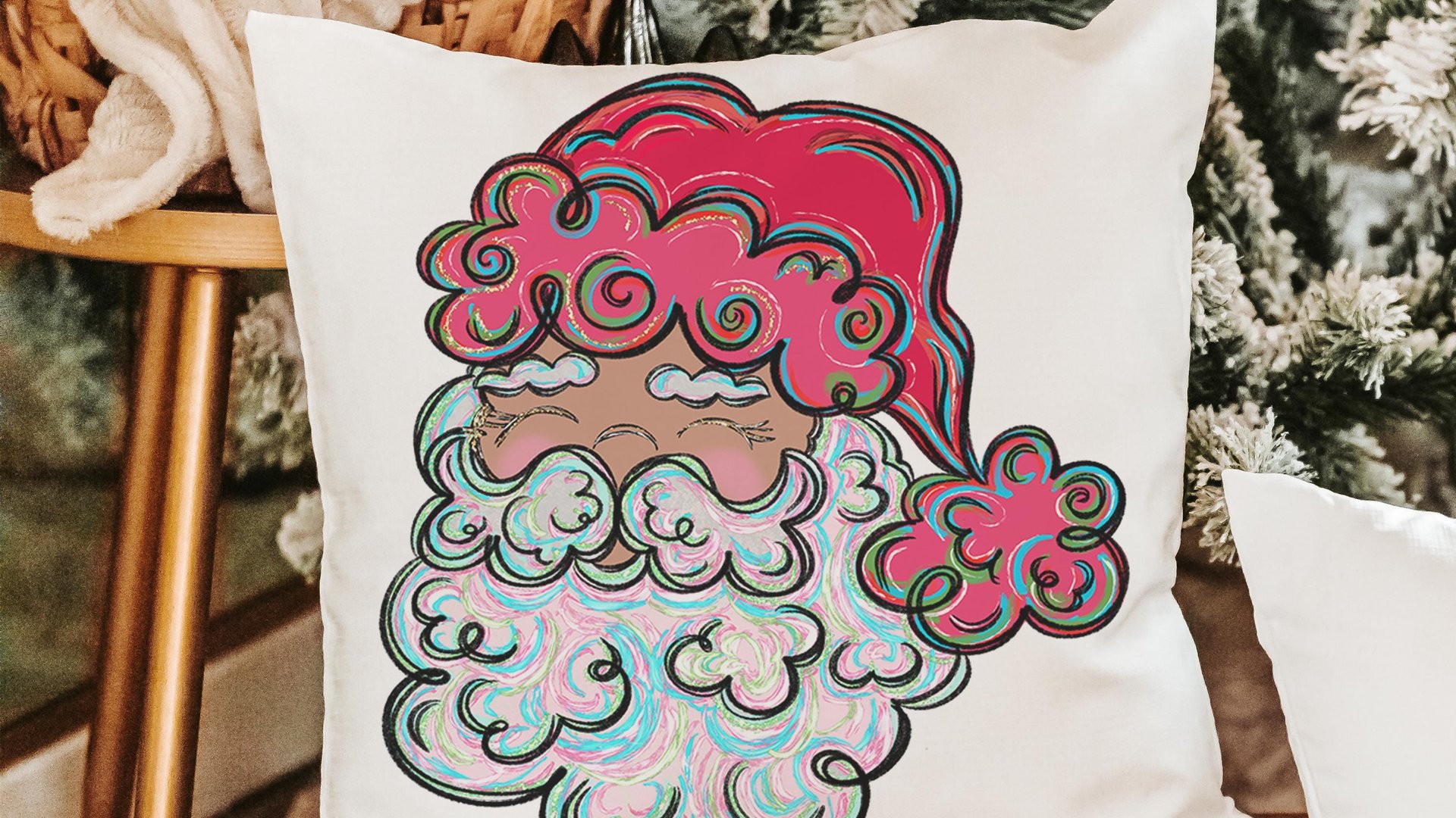 colorful Santa throw pillows for kids playroom, holiday hosting decor home decor gift, fun Christmas decorative pillows for couch, whimsical