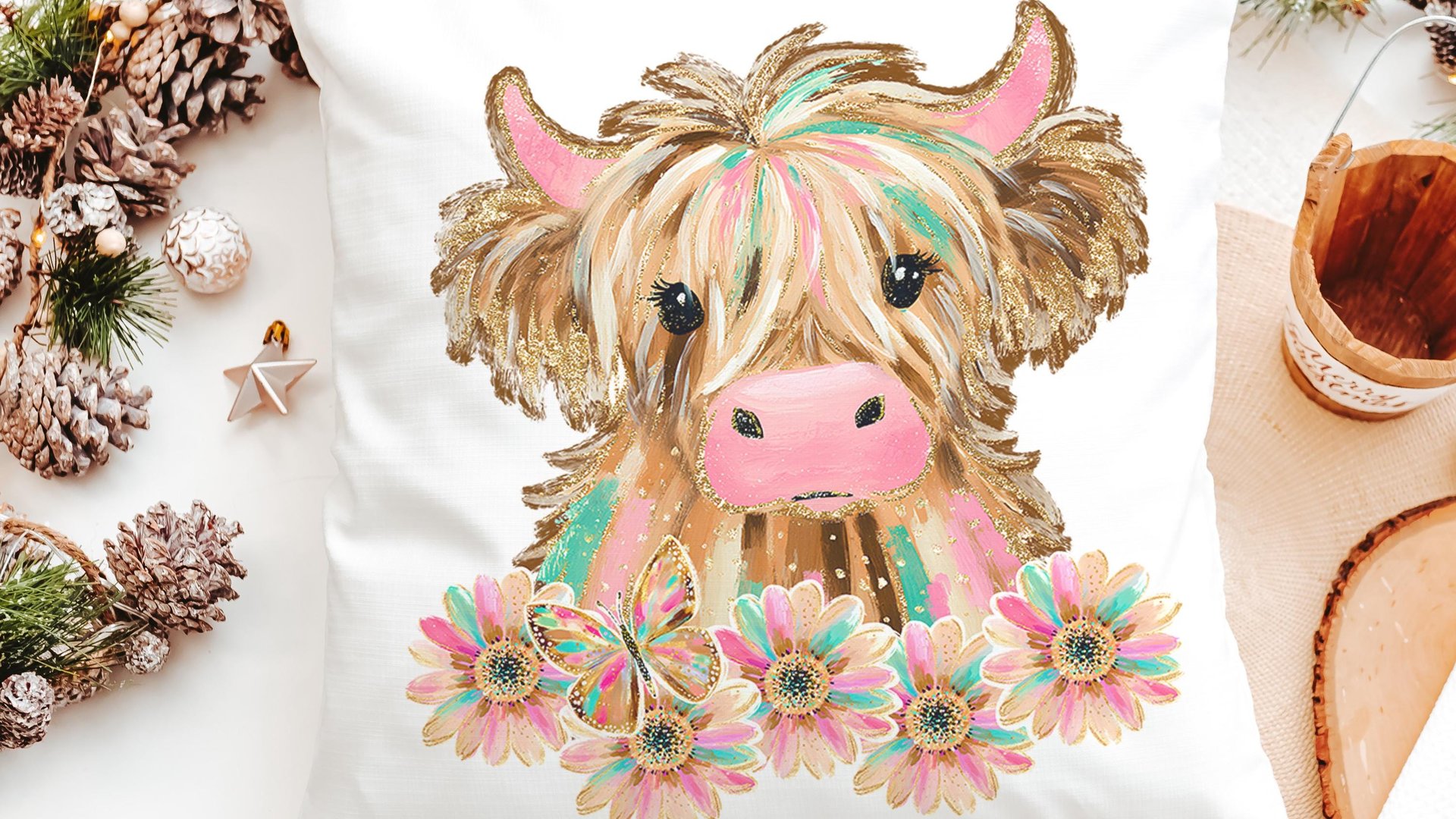highland cow throw pillows for couch pink cow decor for bedroom, cute cow Christmas gifts for little girls, shaggy cow nursery decor girl