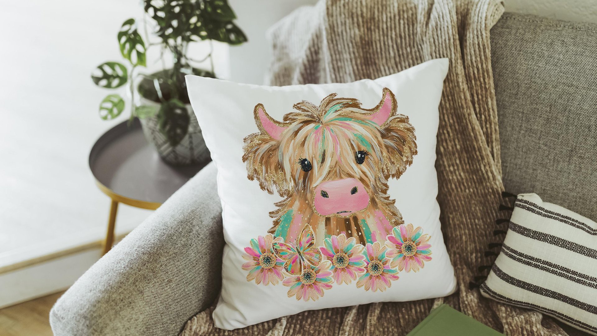 highland cow throw pillows for couch pink cow decor for bedroom, cute cow Christmas gifts for little girls, shaggy cow nursery decor girl