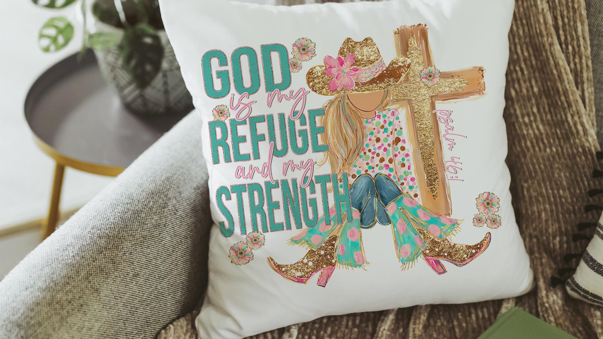 God is my refuge Bible verse decorative pillows for girls, Psalm 46:1 country Christian throw pillow covers 18 x 18, faith based nursery