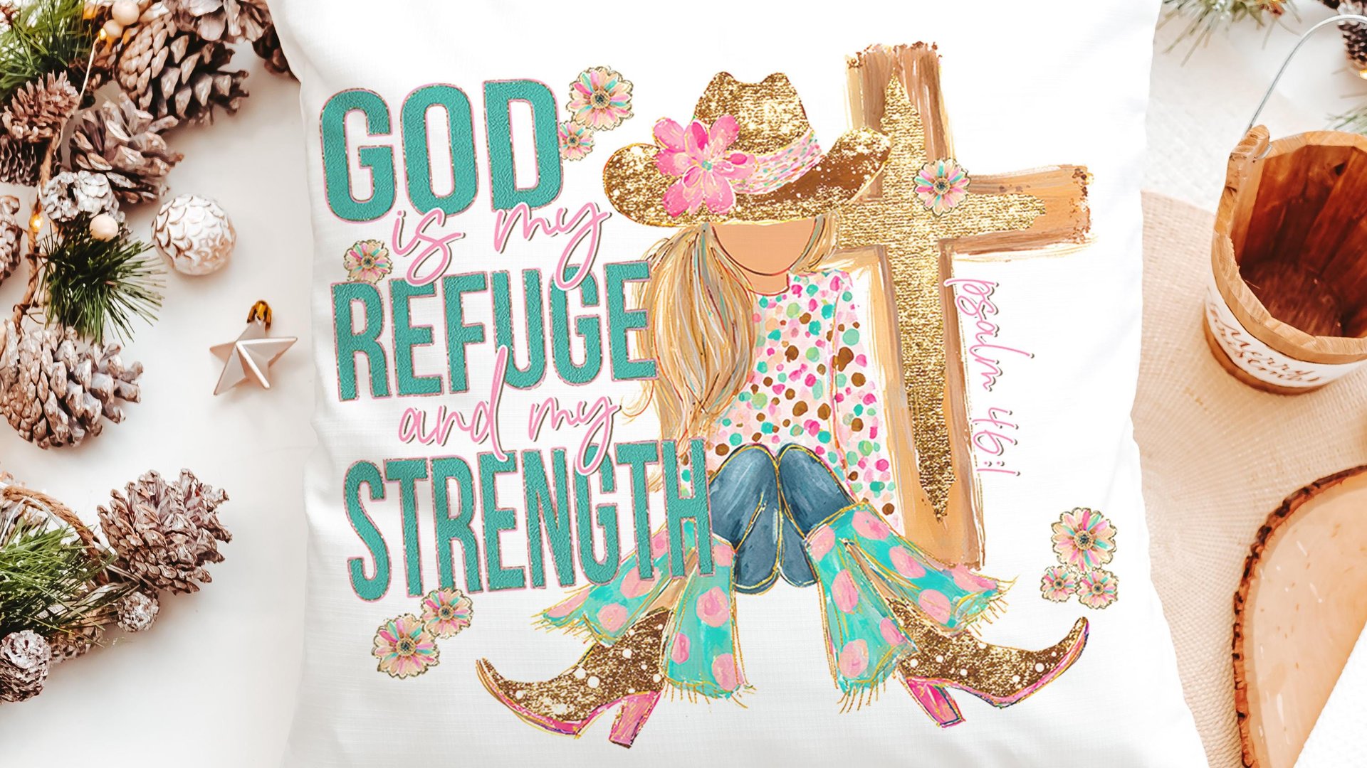 God is my refuge Bible verse decorative pillows for girls, Psalm 46:1 country Christian throw pillow covers 18 x 18, faith based nursery