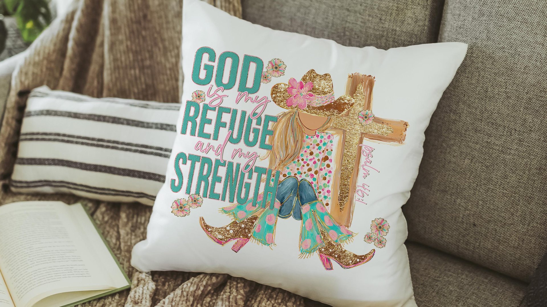 God is my refuge Bible verse decorative pillows for girls, Psalm 46:1 country Christian throw pillow covers 18 x 18, faith based nursery