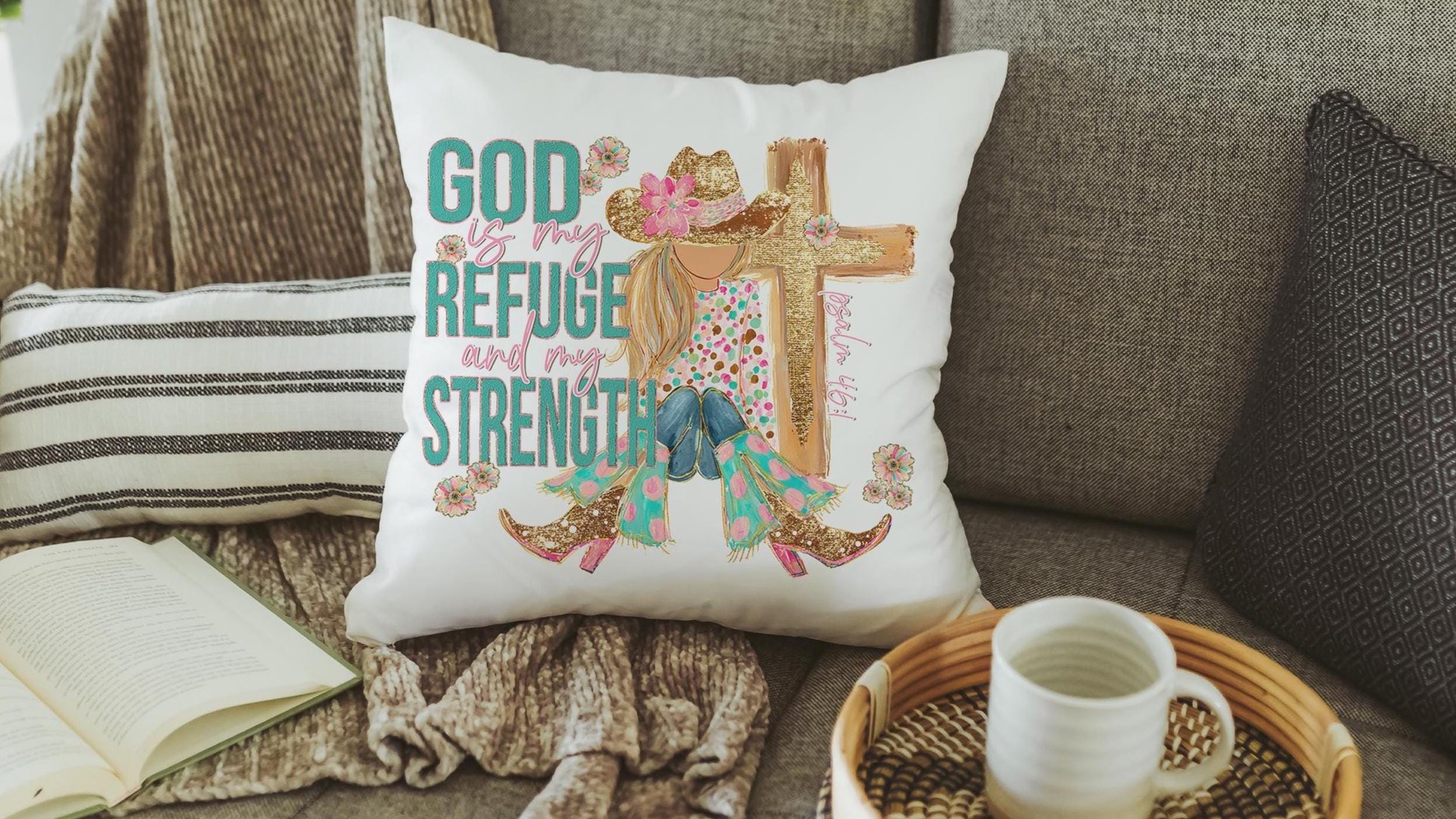 God is my refuge Bible verse decorative pillows for girls, Psalm 46:1 country Christian throw pillow covers 18 x 18, faith based nursery