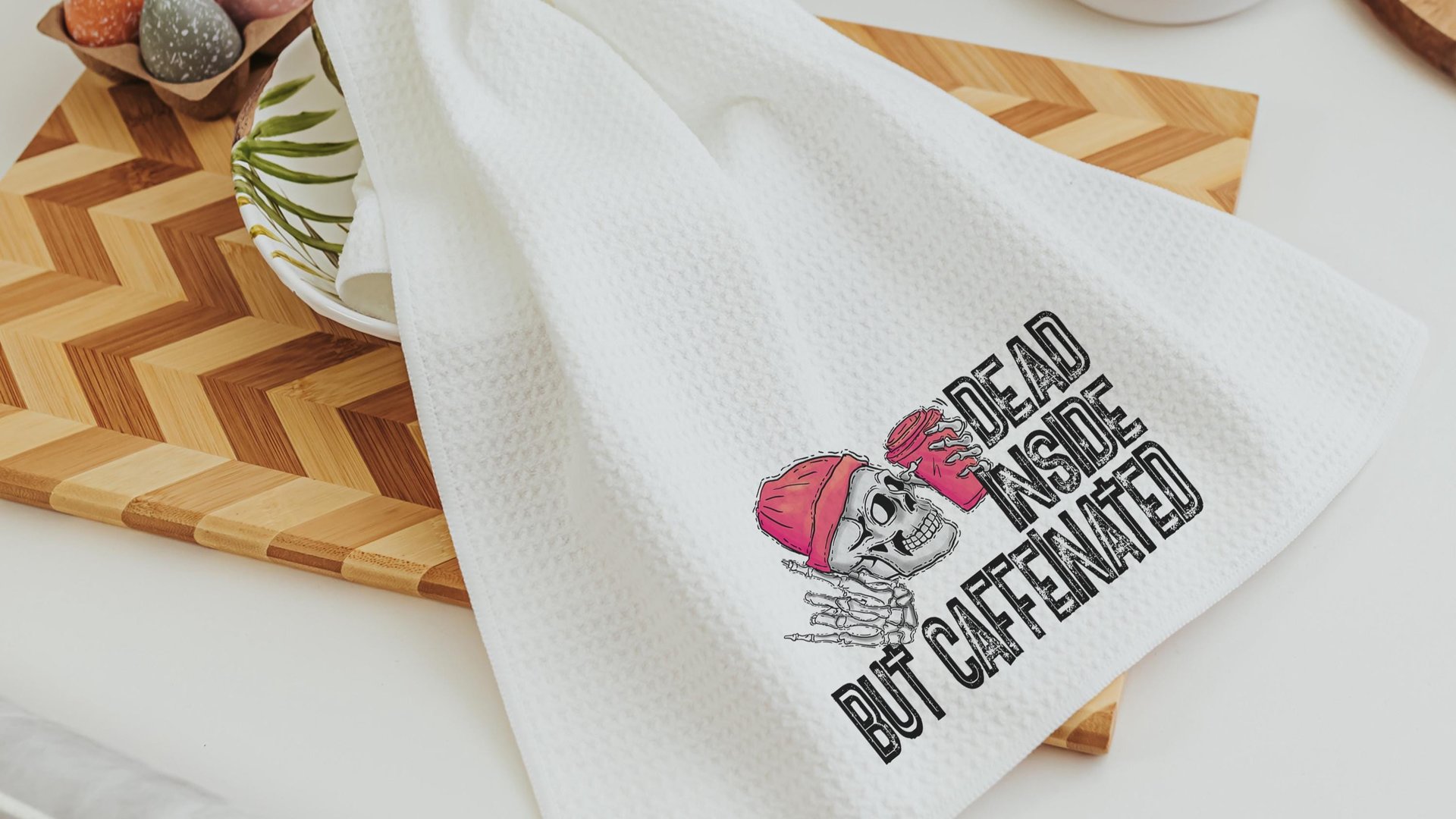dead inside but caffeinated funny kitchen towels women gifts, coffee bar decor, sarcastic gifts for coworkers, coffee addict hand towels for