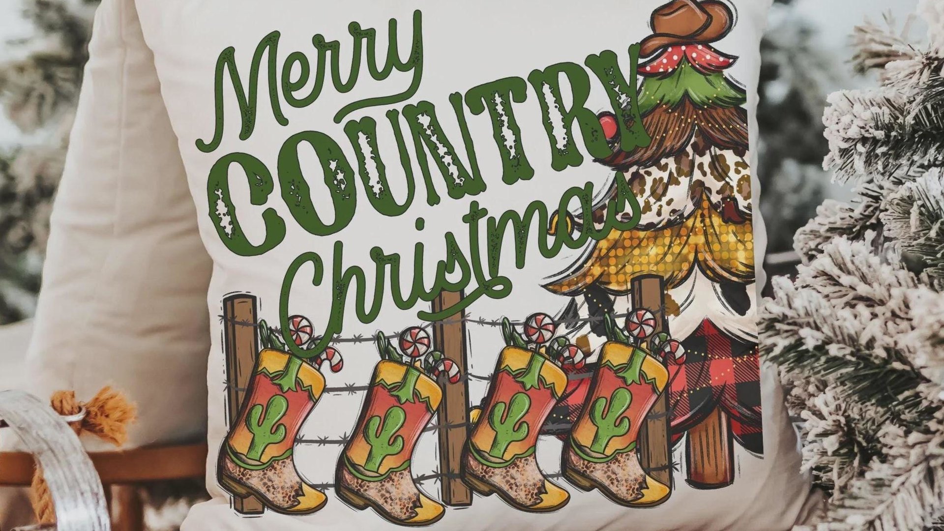 merry country Christmas throw pillows for sofa, cowboy Christmas tree Christmas kitchen towels, western Christmas decor for home, hostess