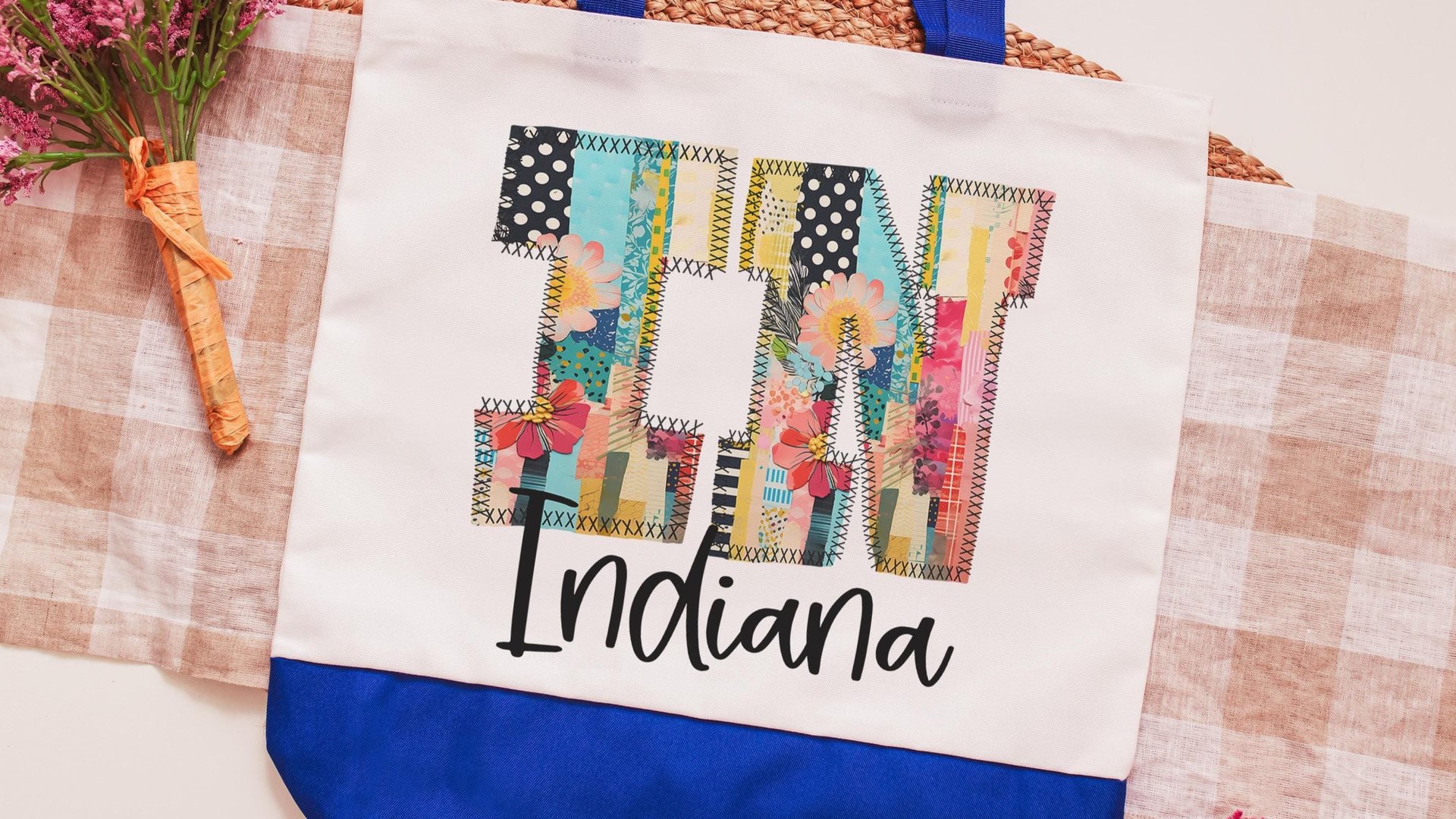 faux patchwork cute Indiana tote bag for school, Indiana Christmas gifts for realtors, Indiana gifts, Indiana made farmers market bag for