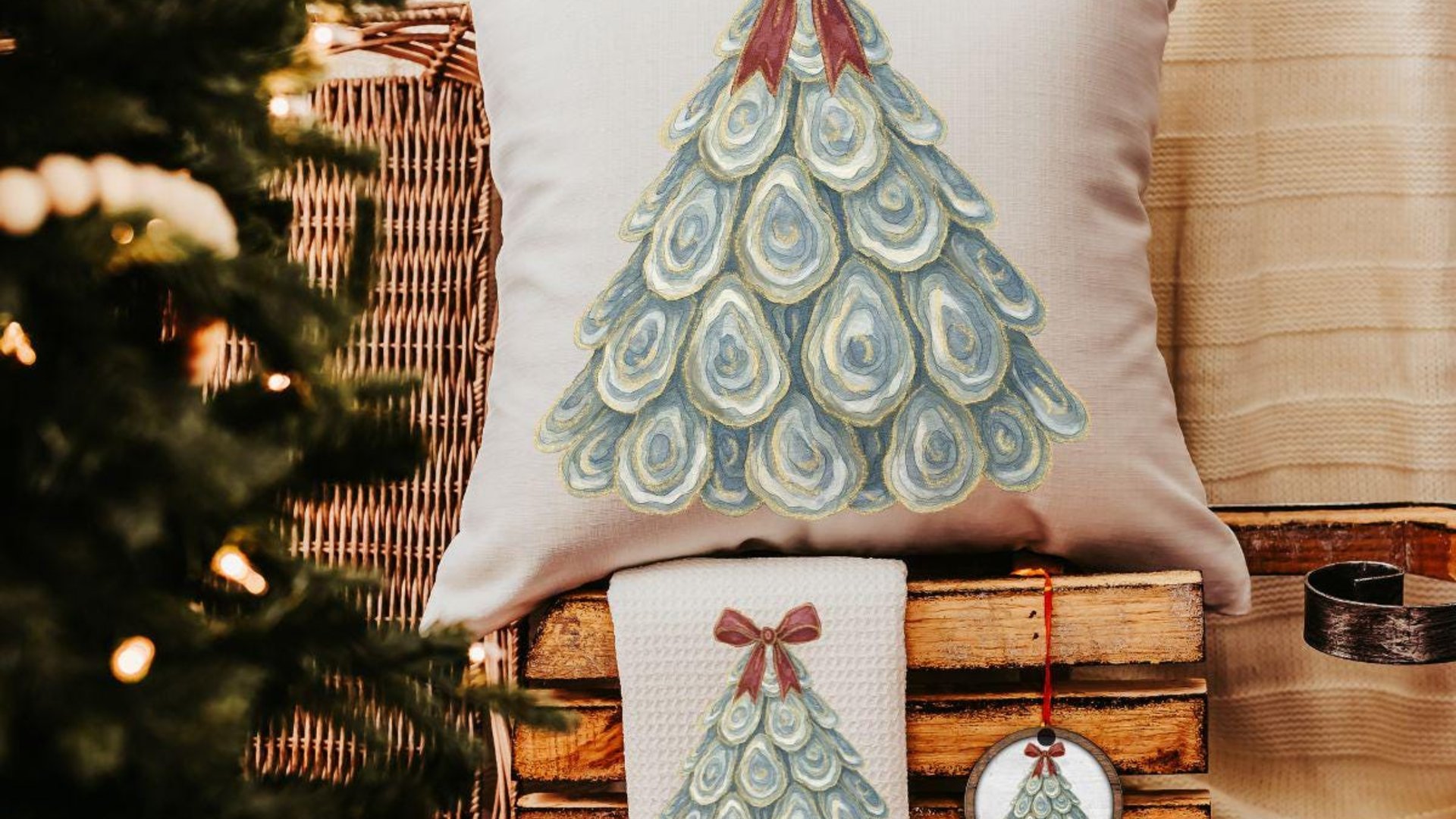 oyster shell Christmas tree decorative pillows for couch, oyster Christmas kitchen hand towels coastal Christmas ornament for neighbors