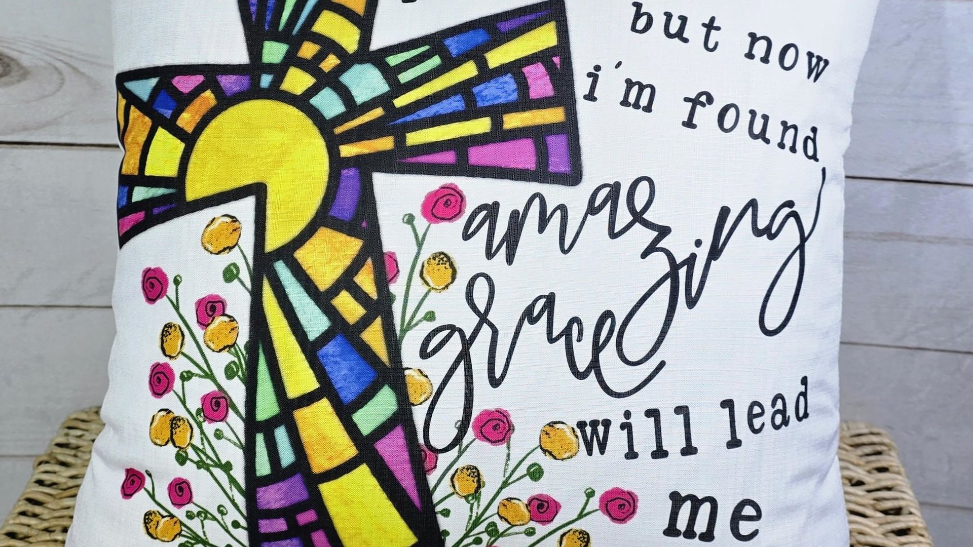 amazing grace floral decorative pillows for bed, Christian gifts for women sisters in Christ, stained glass cross throw pillows for couch