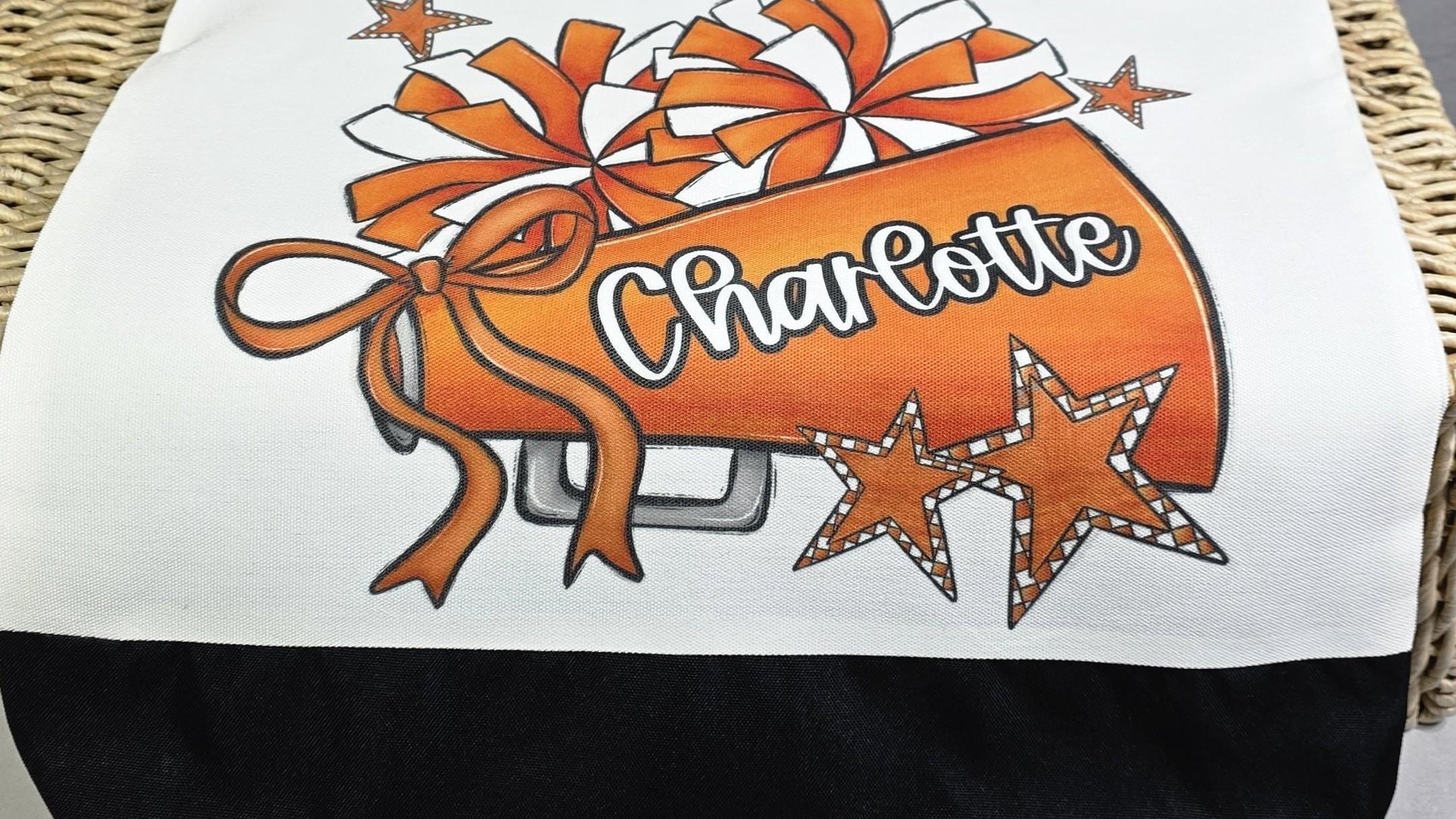 personalized cheerleader tote bag with name, orange school spirit cheer squad accessories, travel cheer bag for girls, cheerleader gifts