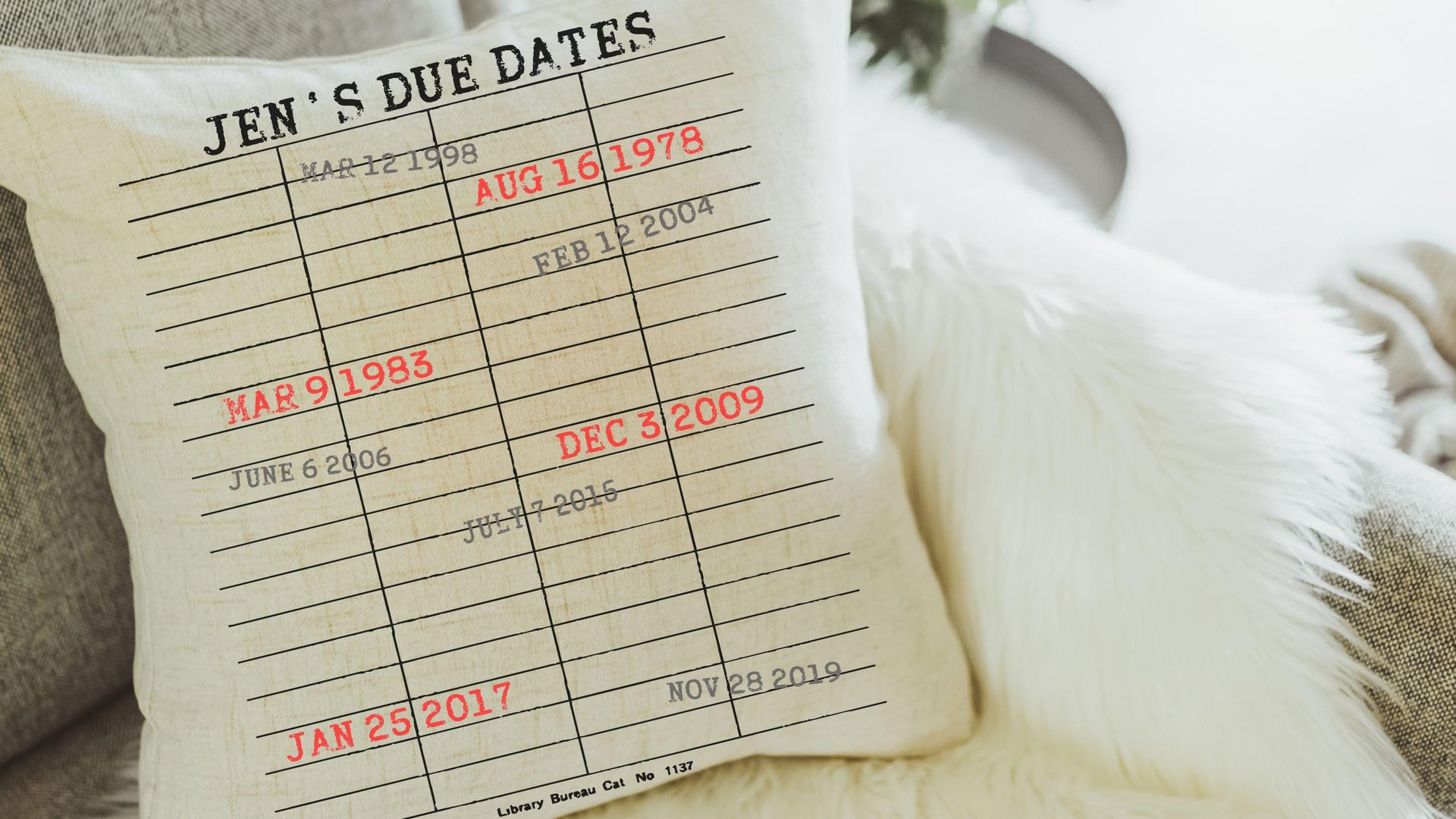 personalized library due date throw pillows for couch, custom book lover gift for women, bookish Christmas gifts for grandma, special dates