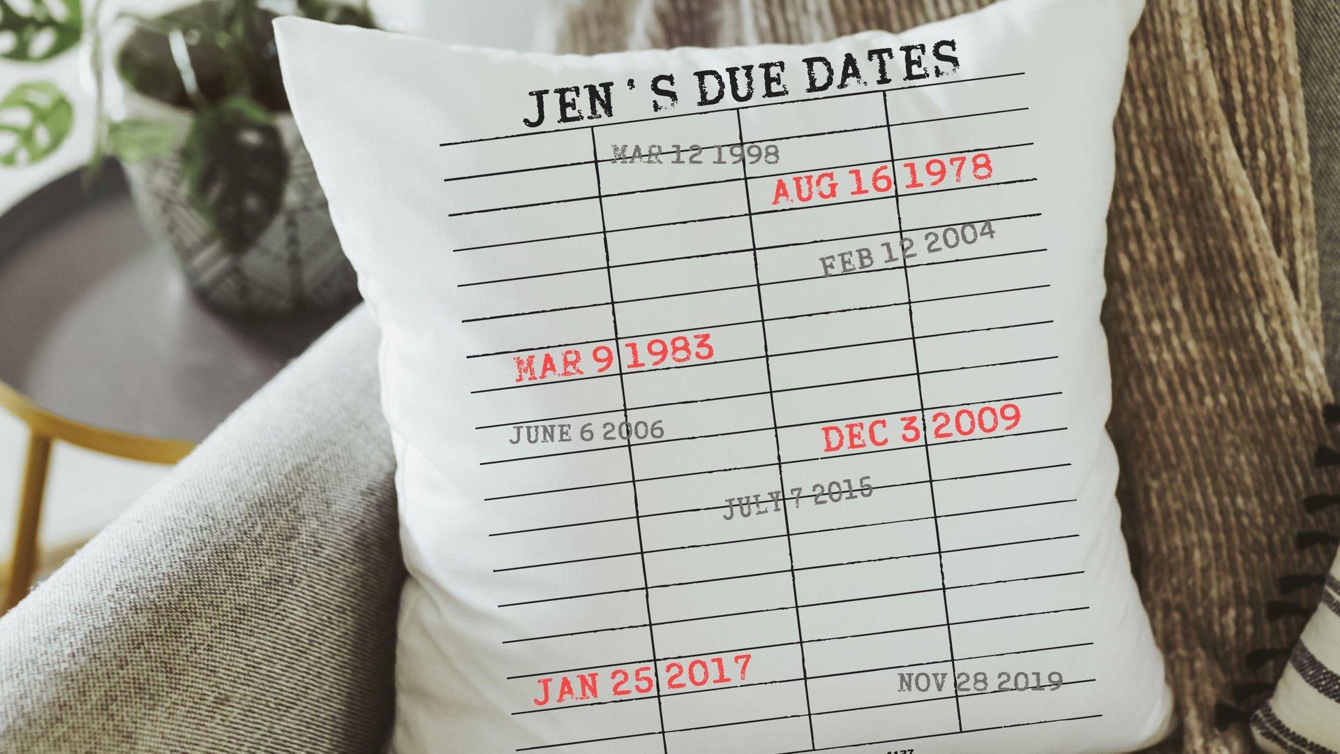 personalized library due date throw pillows for couch, custom book lover gift for women, bookish Christmas gifts for grandma, special dates