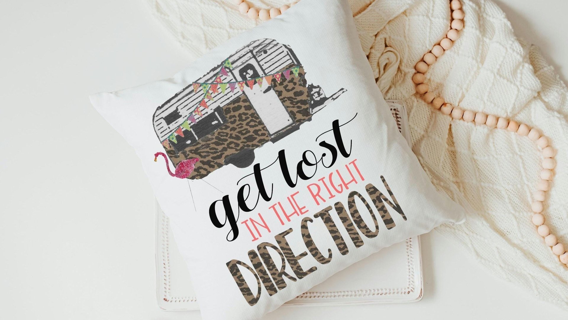 get lost in the right direction inspirational throw pillows for couch, summer road trip RV decorations for inside, glamping bachelorette