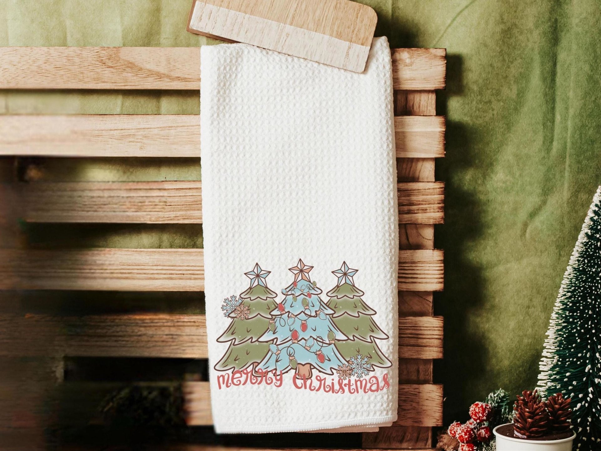 merry Christmas kitchen towels for winter, moss green Christmas tree hand towels for powder room, boho Christmas housewarming gift for women