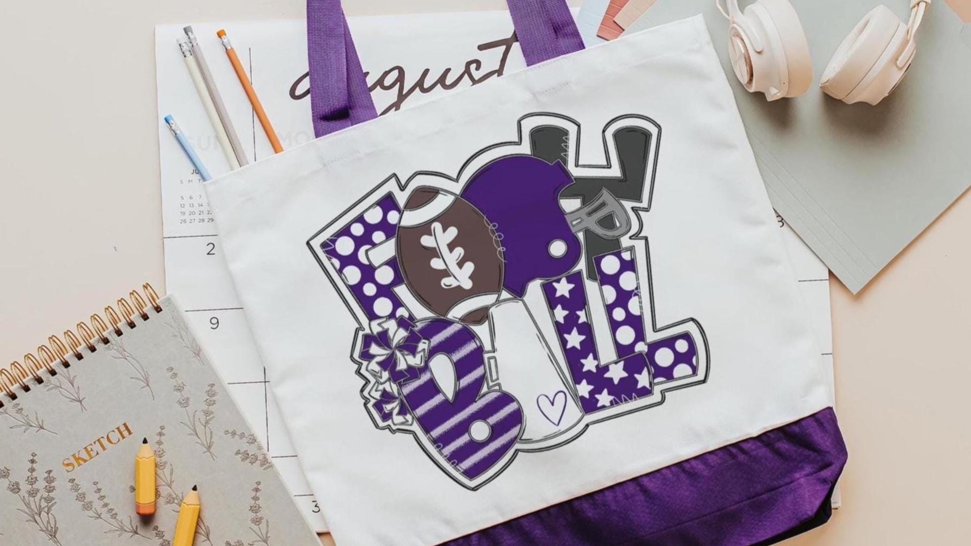 high school football cheer tote bag for school, tailgate essentials, purple school spirit tote bags for back to school, cheer squad gifts