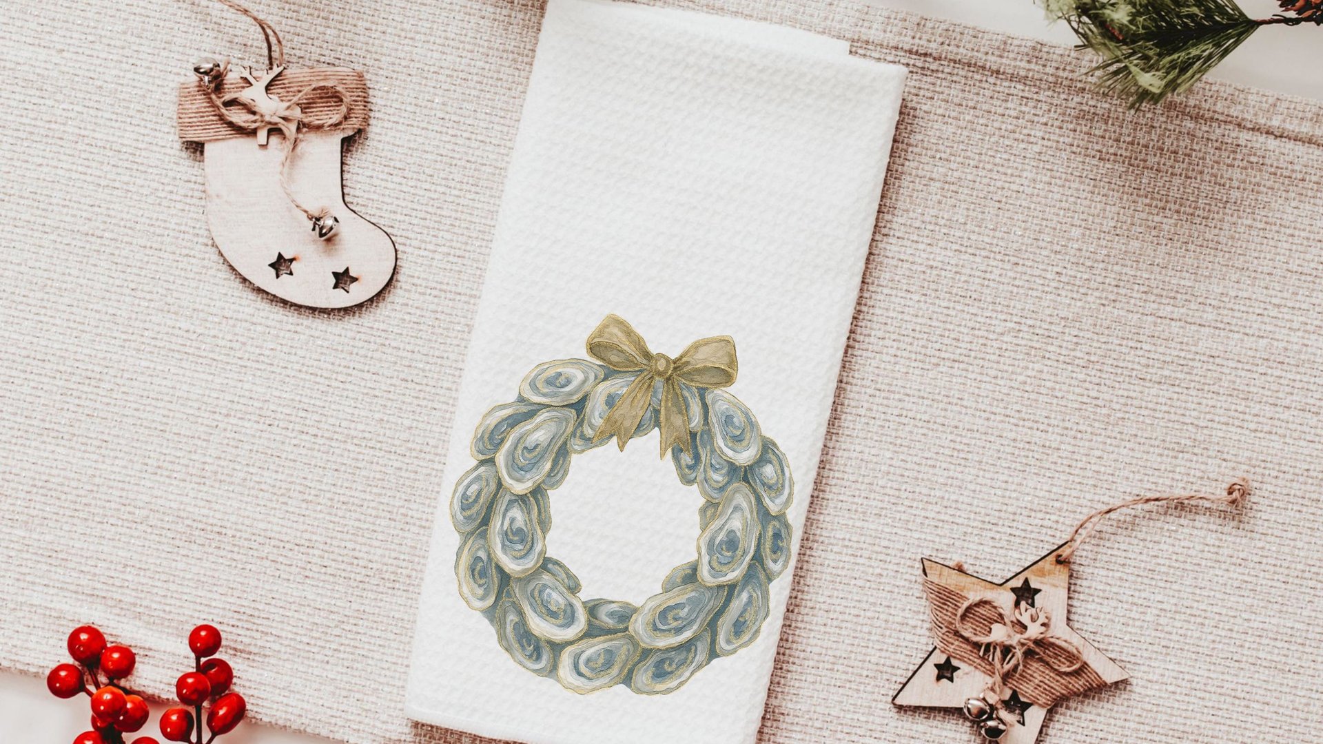 oyster shell Christmas tree kitchen towels for winter, oyster Christmas home decor gifts for Mom, oyster shell Christmas wreath hand towels