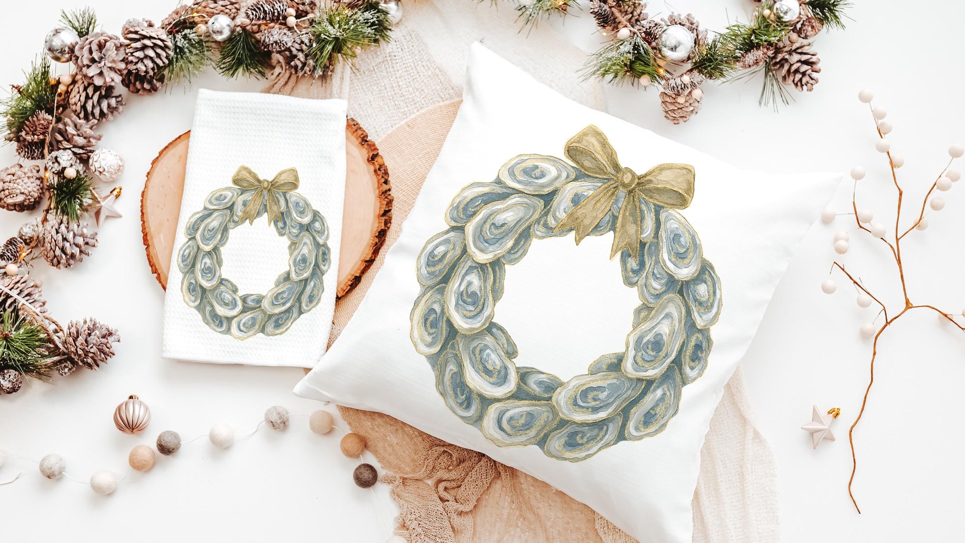 oyster shell Christmas wreath decorative pillows for couch, coastal Christmas throw pillow covers 18 x 18, oyster Christmas home decor gifts