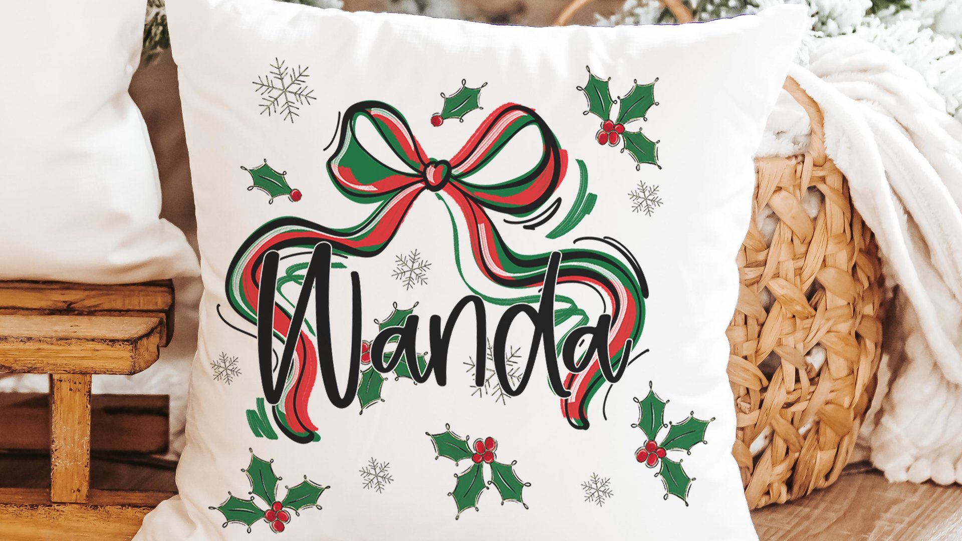 personalized mistletoe and holly Christmas coquette throw pillow with name, Christmas bow accent pillow for couch, cute Christmas gifts for