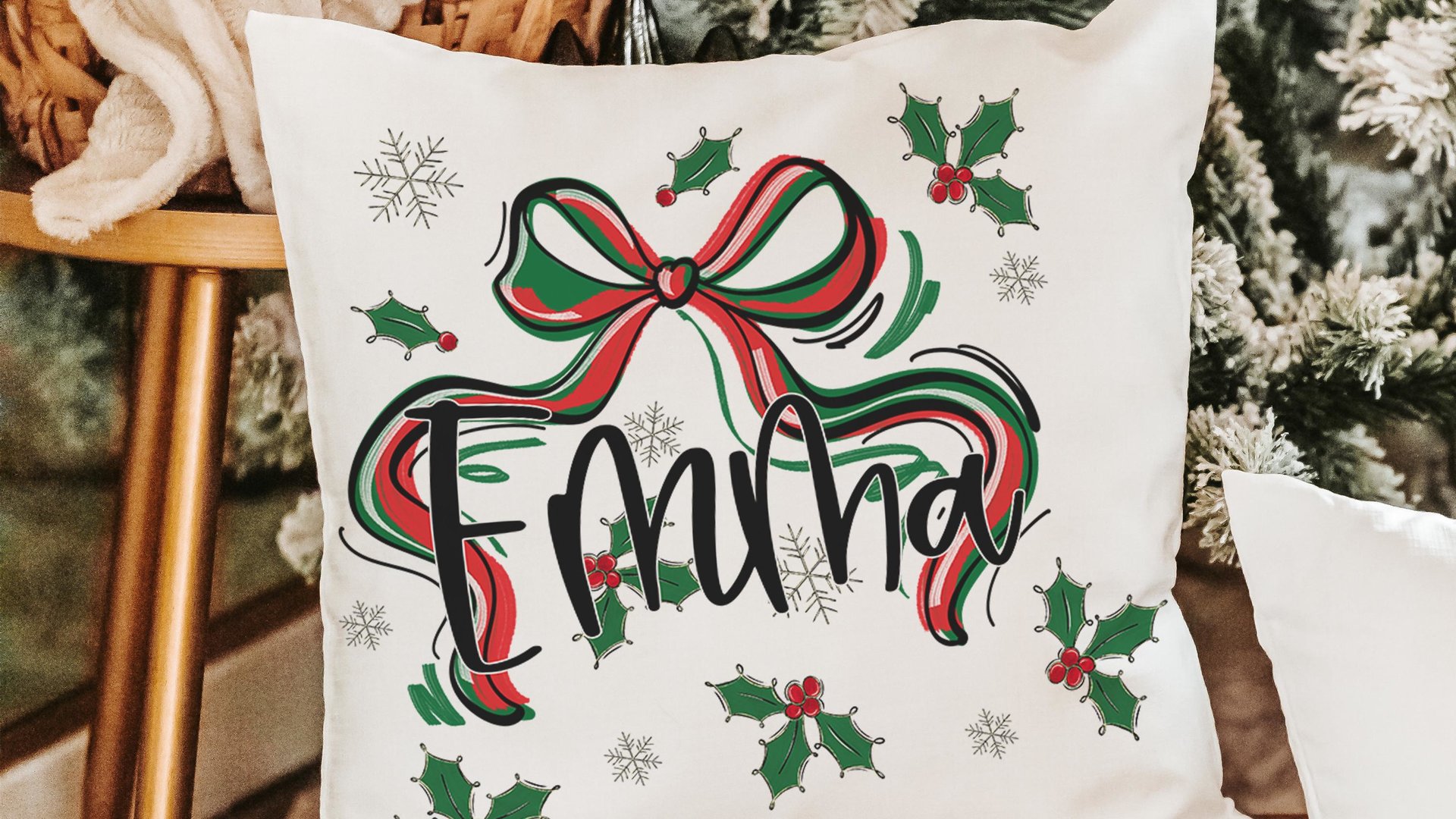 personalized mistletoe and holly Christmas coquette throw pillow with name, Christmas bow accent pillow for couch, cute Christmas gifts for