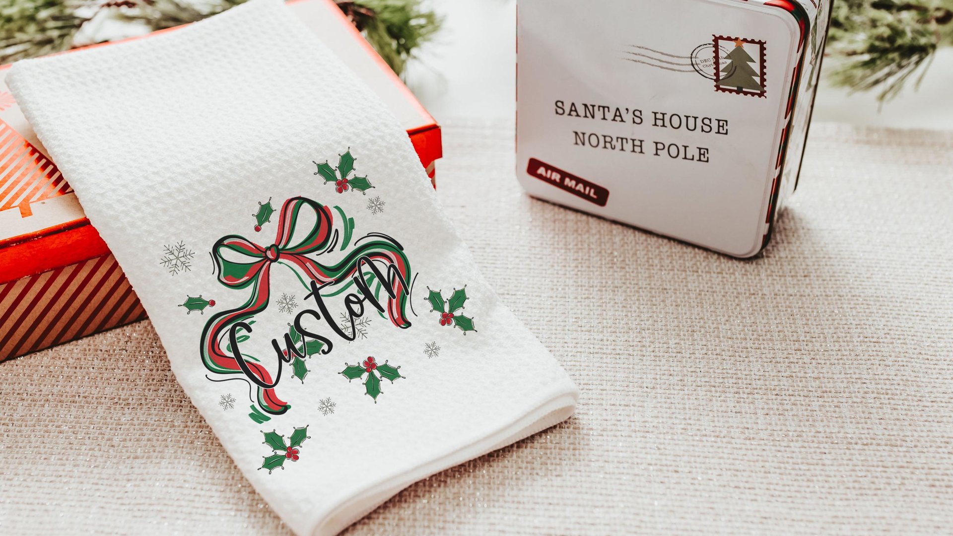 personalized mistletoe and holly Christmas coquette throw pillow with name, Christmas bow accent pillow for couch, cute Christmas gifts for