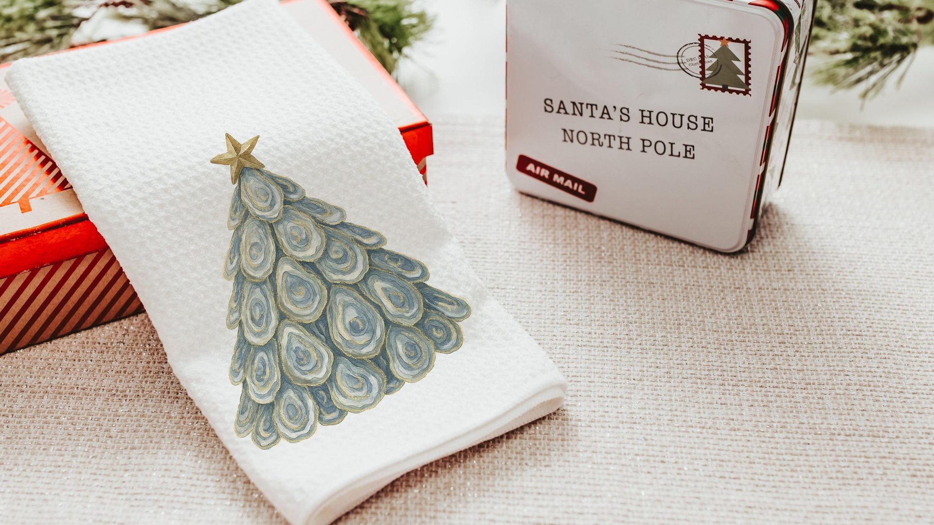 oyster shell Christmas tree tea towel for bathroom, coastal Christmas kitchen towel for women, nautical housewarming gifts for her, holiday