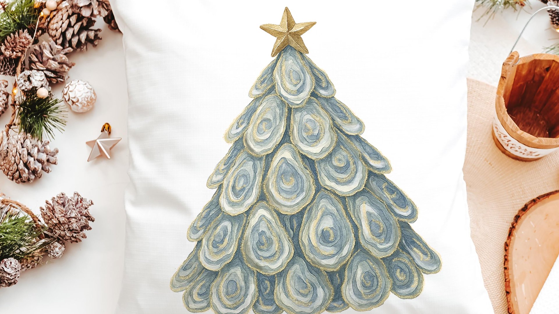 oyster shell Christmas tree tea towel for bathroom, coastal Christmas kitchen towel for women, nautical housewarming gifts for her, holiday