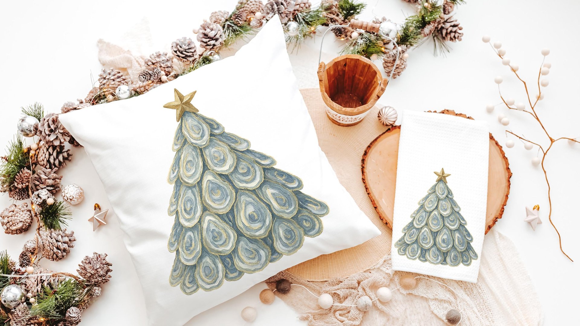 oyster shell Christmas tree tea towel for bathroom, coastal Christmas kitchen towel for women, nautical housewarming gifts for her, holiday