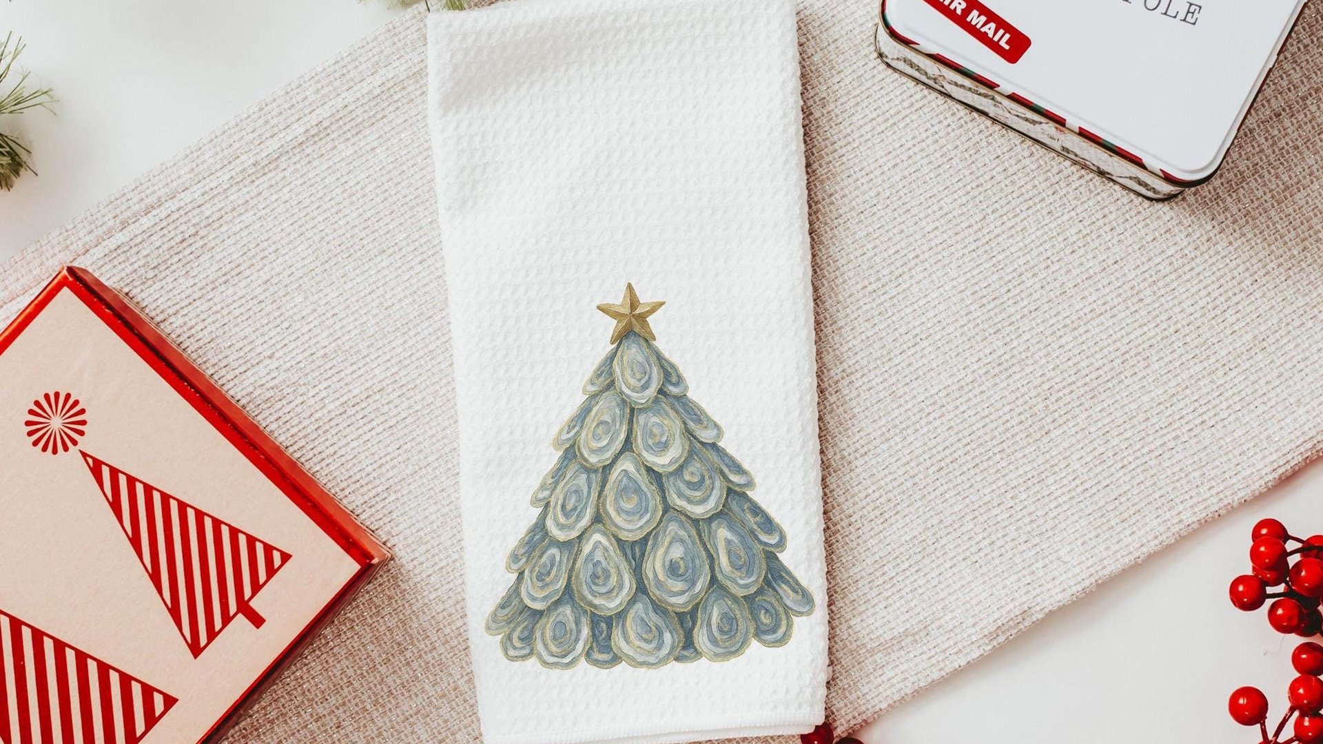 coastal Christmas tree throw pillows for guest room, beach Christmas gifts for neighbors, oyster shell decorative pillows for sofa, holiday