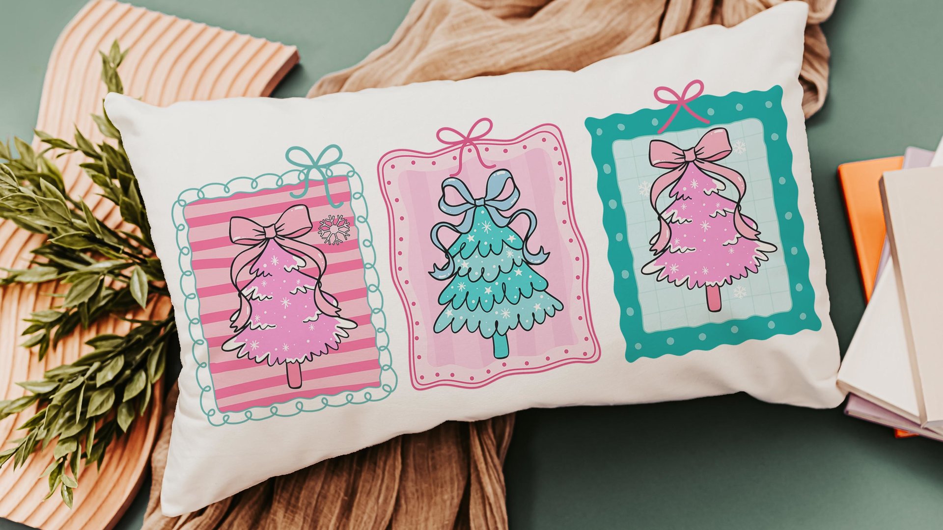 pastel Christmas tree lumbar throw pillows for couch pink Christmas decorative pillows for girls, Christmas housewarming gift for daughter