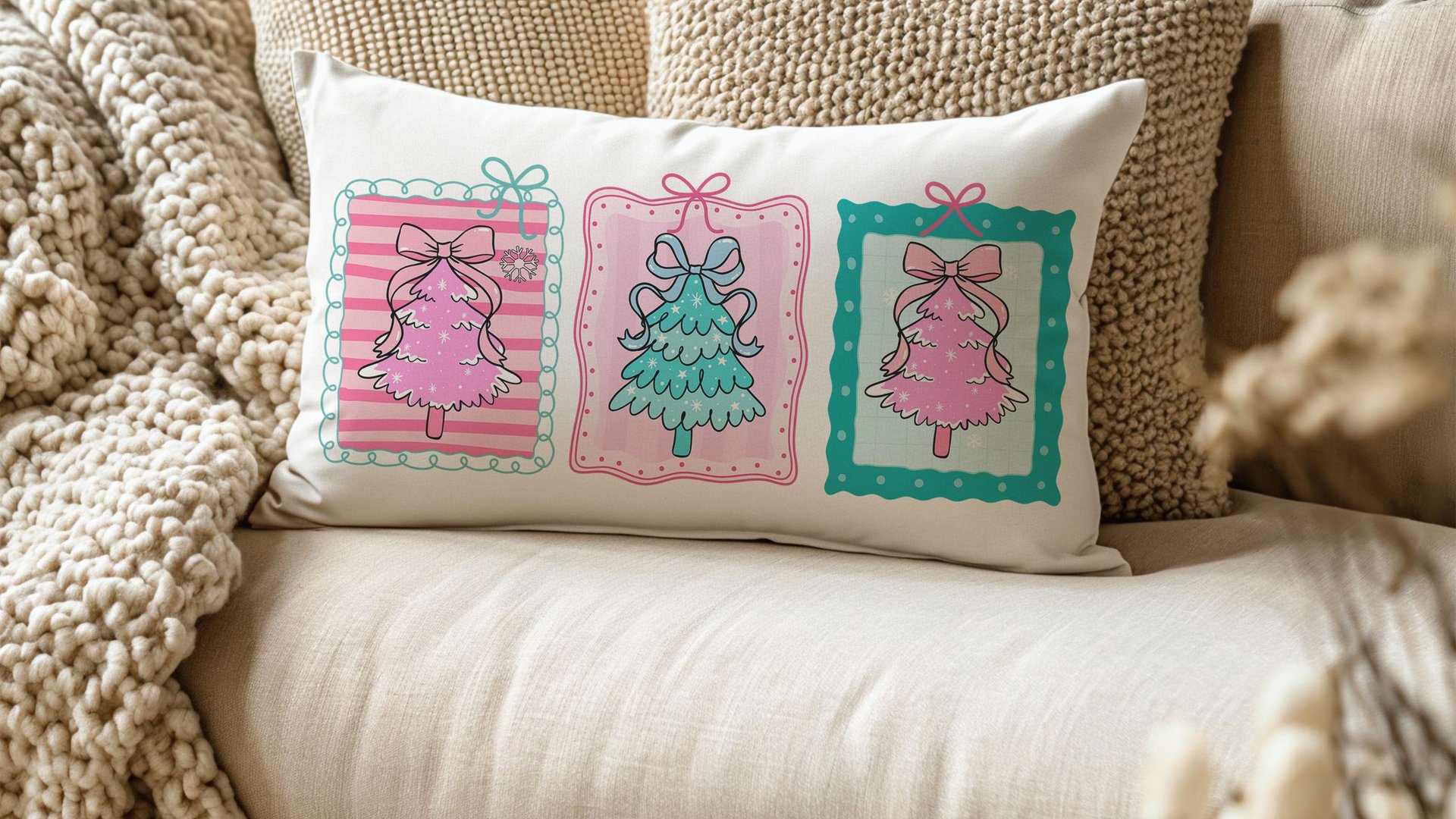 pastel Christmas tree lumbar throw pillows for couch pink Christmas decorative pillows for girls, Christmas housewarming gift for daughter
