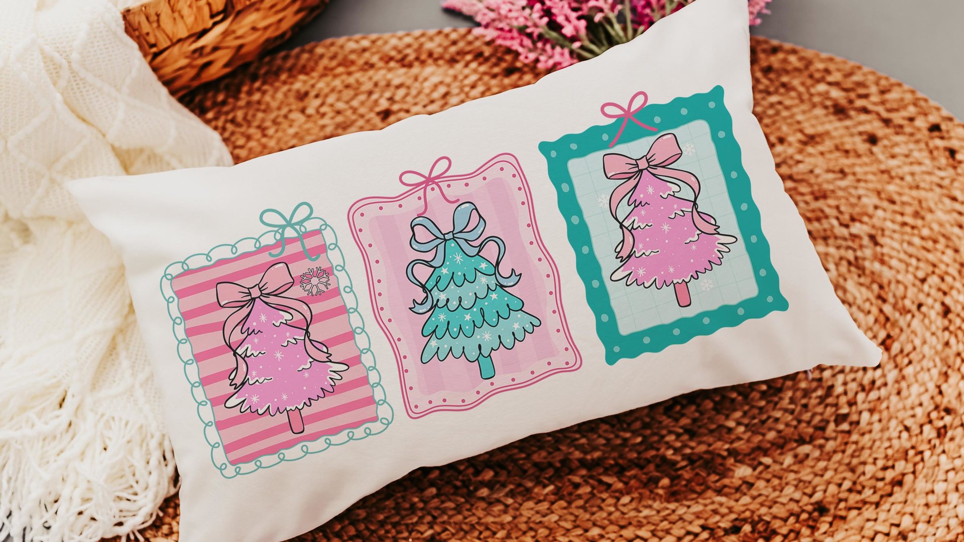 pastel Christmas tree lumbar throw pillows for couch pink Christmas decorative pillows for girls, Christmas housewarming gift for daughter