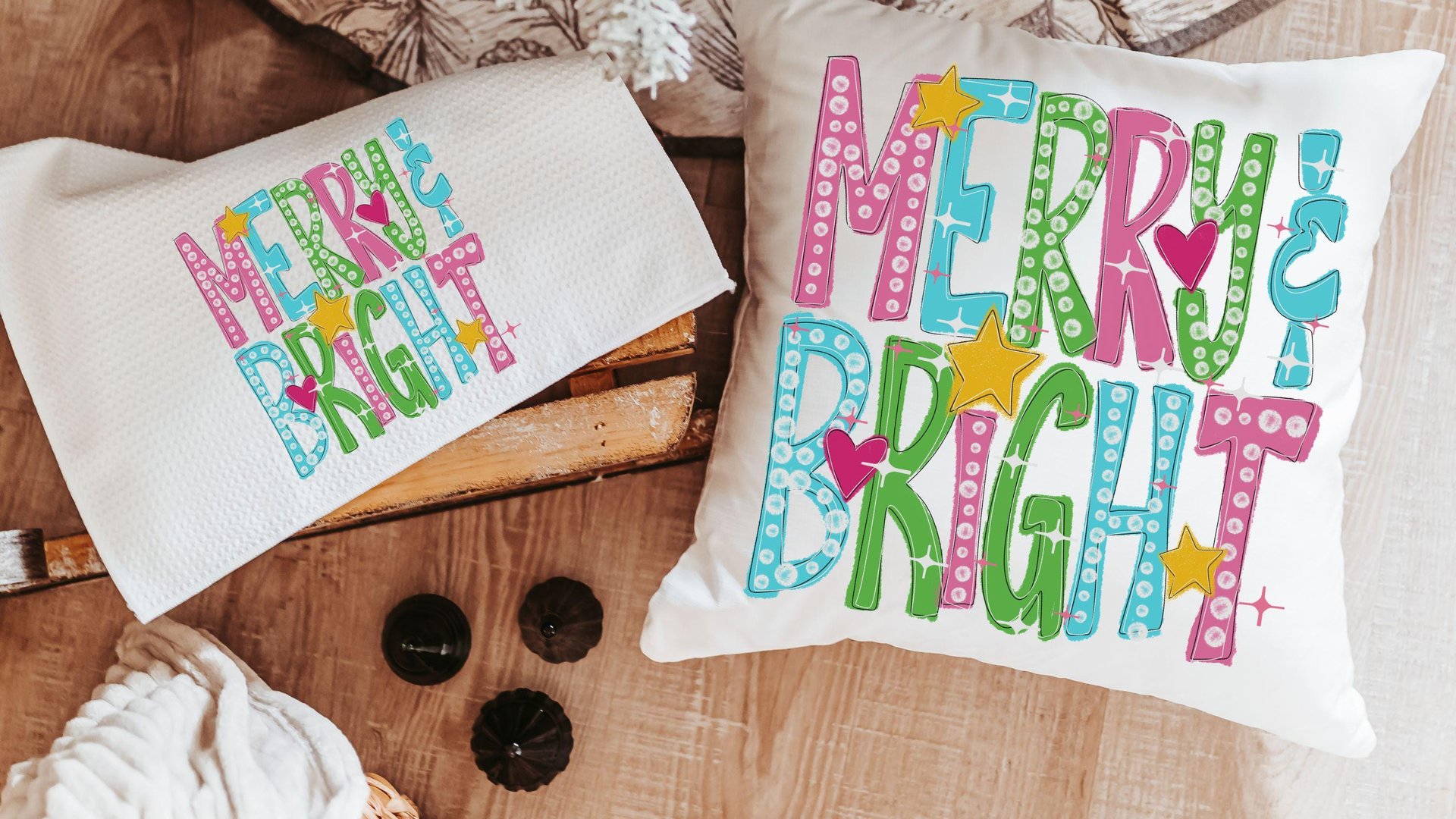 merry and bright Christmas throw pillows for couch, pink Christmas decor, colorful Christmas kitchen towels for gifts, cute Christmas gifts