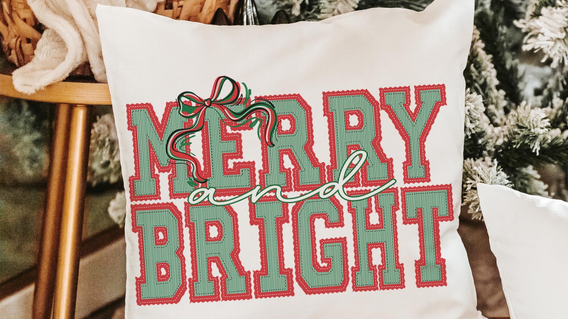 merry and bright preppy Christmas throw pillows for couch red and green seersucker Christmas decor, holiday hosting decor home decor gift