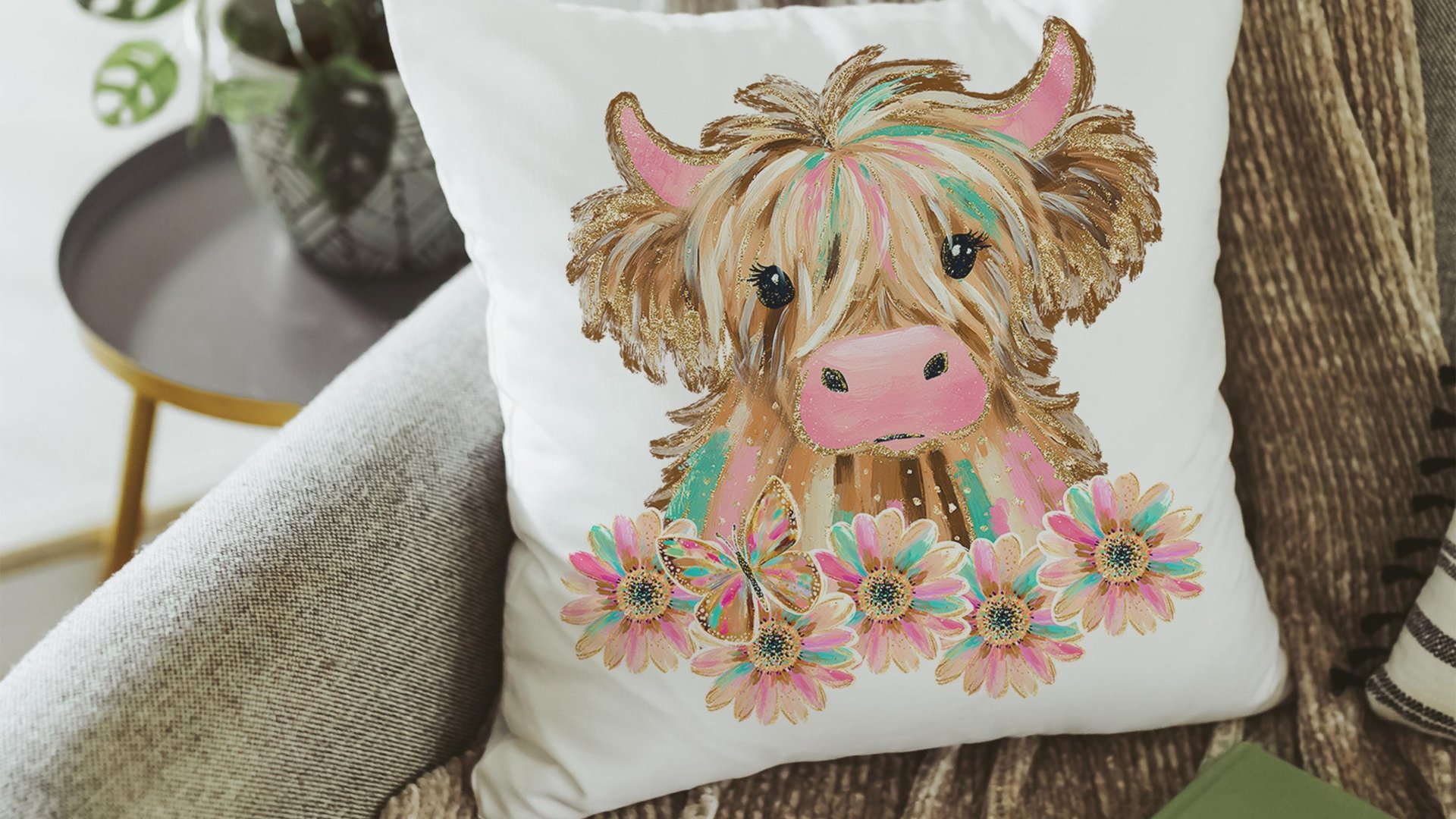 highland cow throw pillows for couch pink cow decor for bedroom, cute cow Christmas gifts for little girls, shaggy cow nursery decor girl