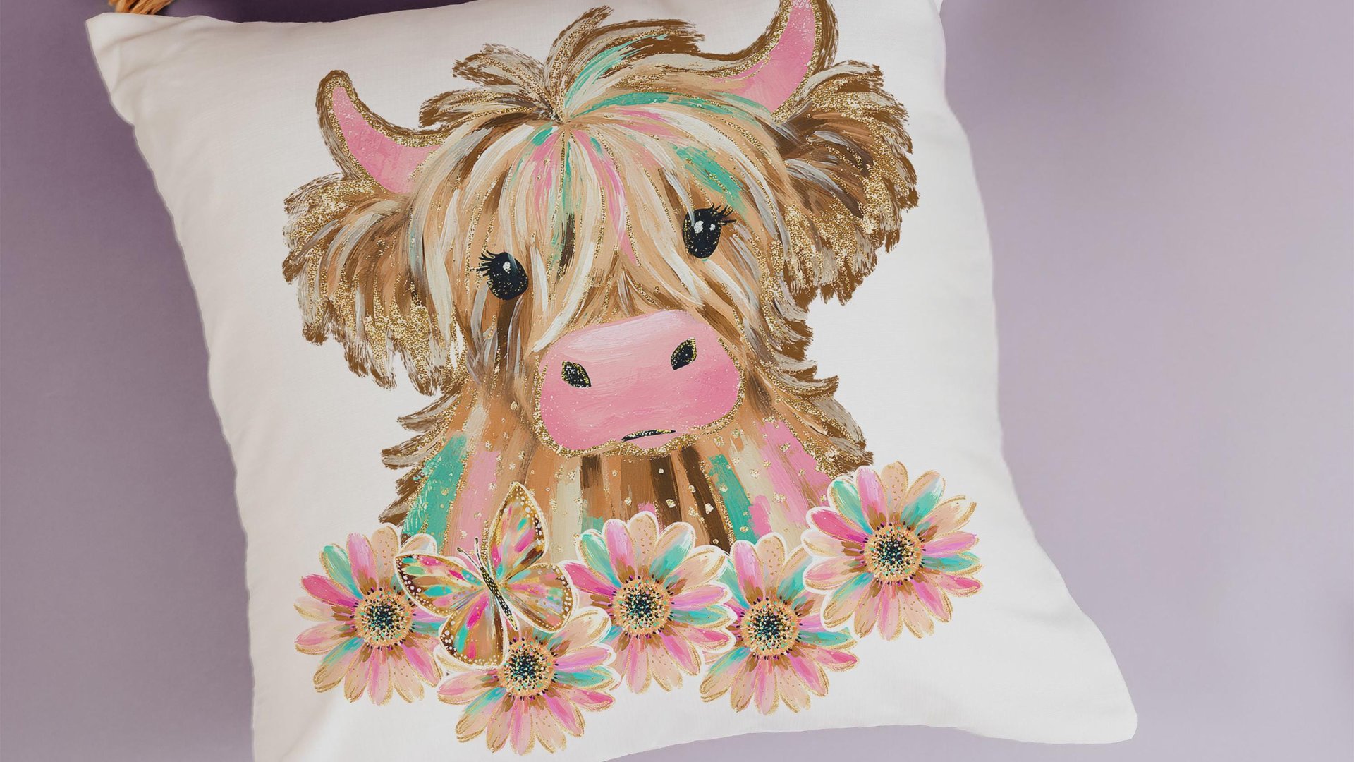 highland cow throw pillows for couch pink cow decor for bedroom, cute cow Christmas gifts for little girls, shaggy cow nursery decor girl