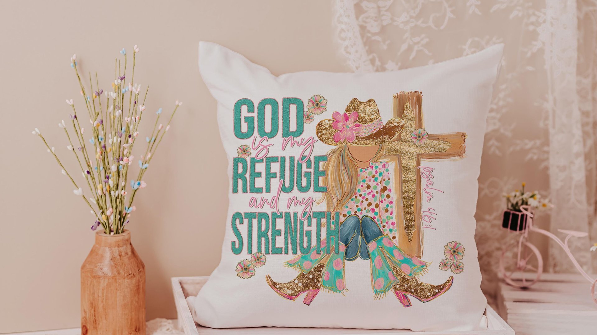 God is my refuge Bible verse decorative pillows for girls, Psalm 46:1 country Christian throw pillow covers 18 x 18, faith based nursery