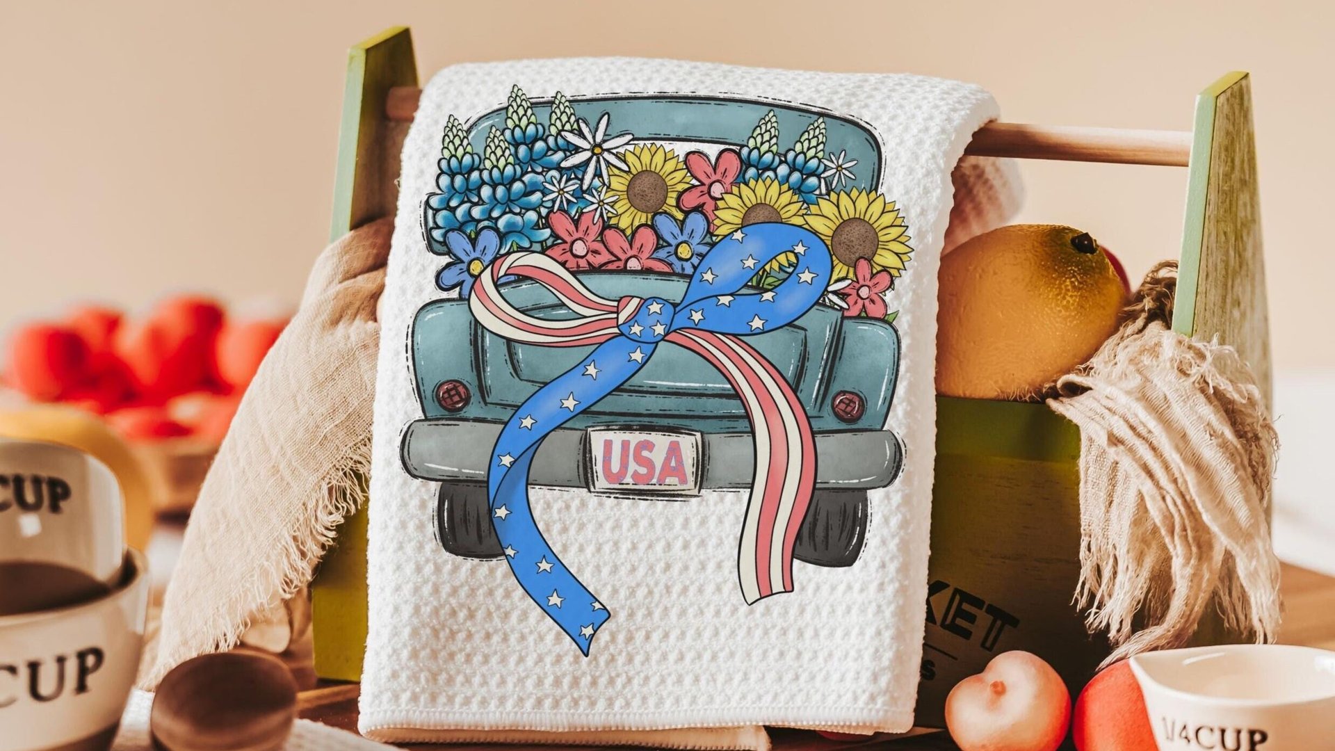 4th of July kitchen towels for beach, summer kitchen decor, patriotic bow coquette room decor, military mom gifts, floral kitchen hand towel
