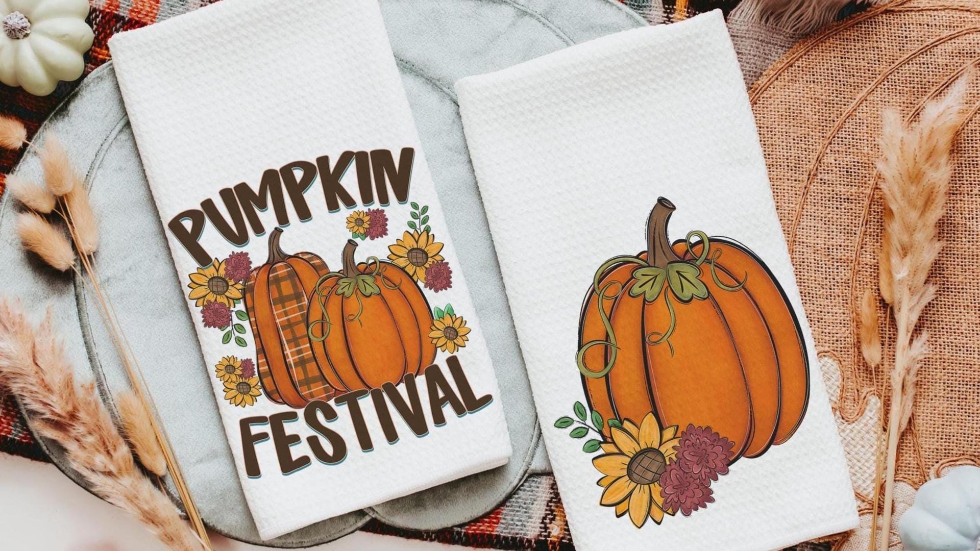 pumpkin harvest plaid pumpkin kitchen towels home essentials, fall housewarming gift for women, pumpkin spice kitchen decor, sunflower gifts