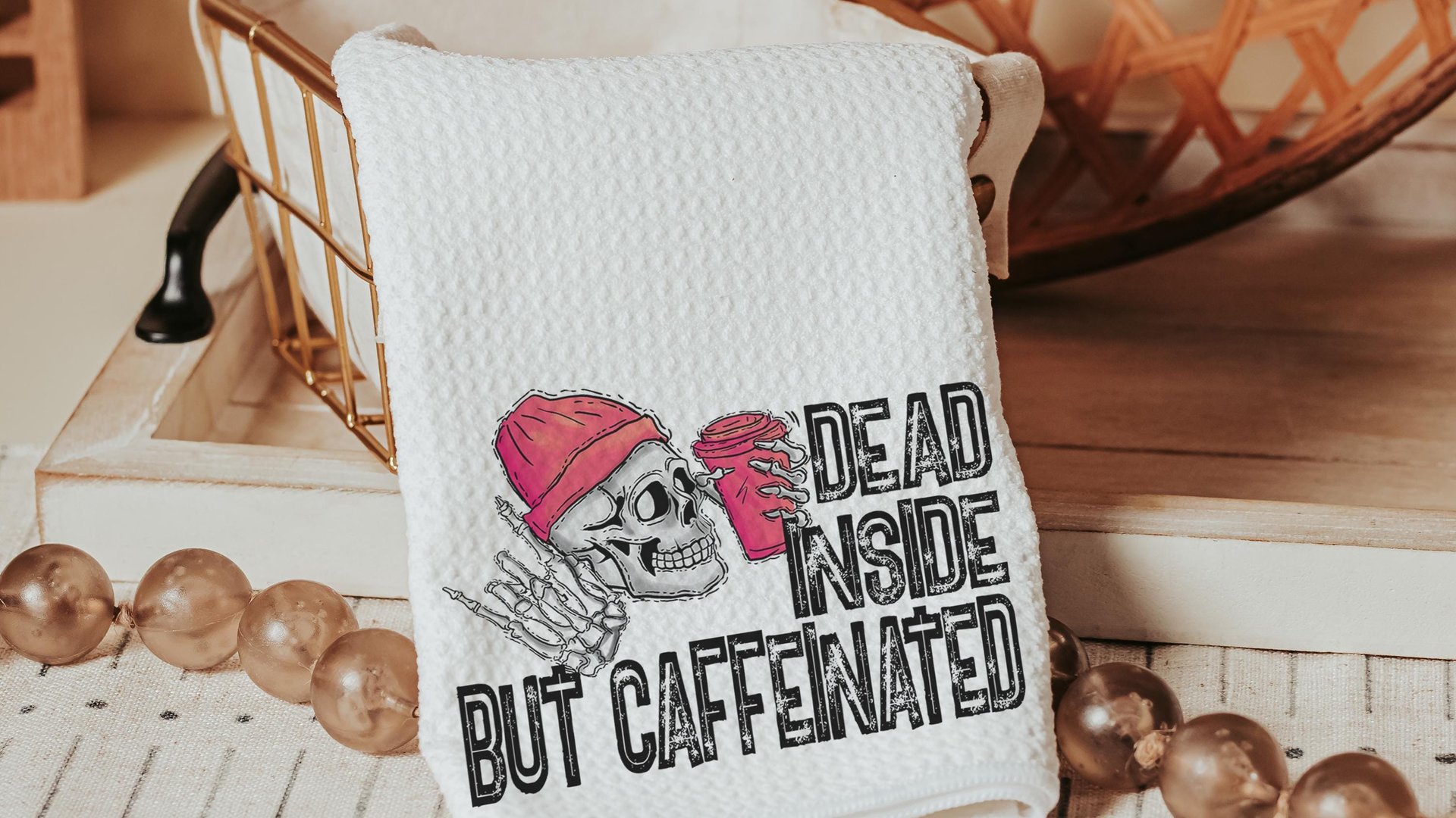 dead inside but caffeinated funny kitchen towels women gifts, coffee bar decor, sarcastic gifts for coworkers, coffee addict hand towels for