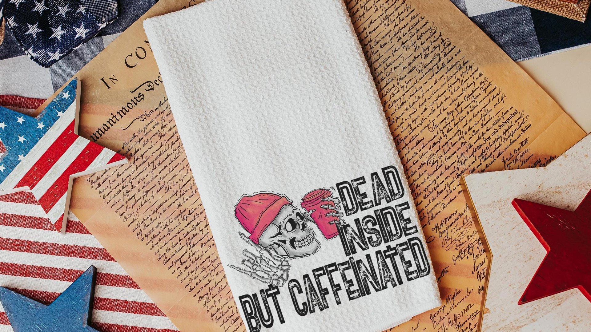 dead inside but caffeinated funny kitchen towels women gifts, coffee bar decor, sarcastic gifts for coworkers, coffee addict hand towels for