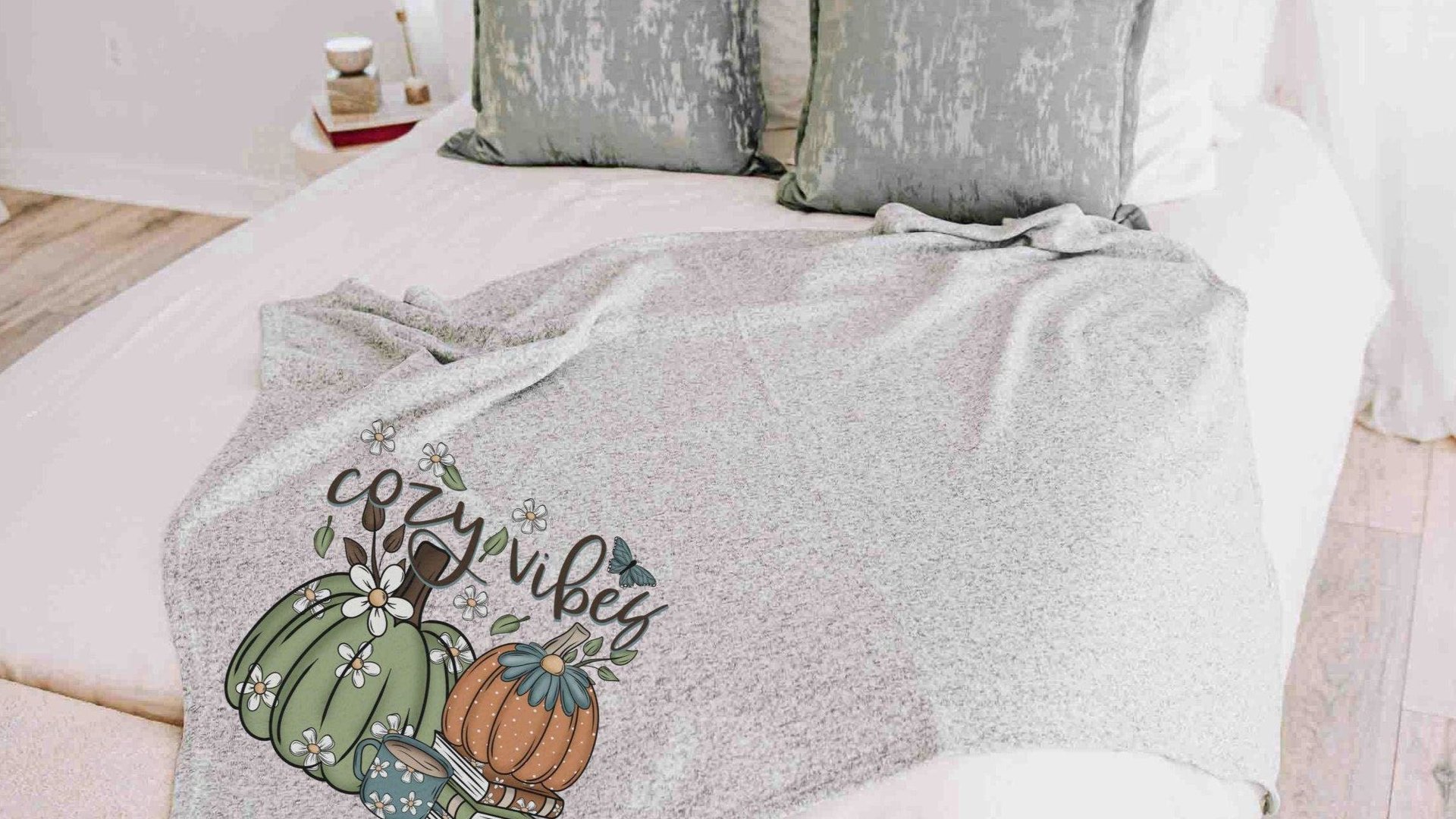 cozy vibes snuggle blanket, cute pumpkin throw blanket for bed, book lover gift for women, cozy gifts for her, fall decor for home, sage