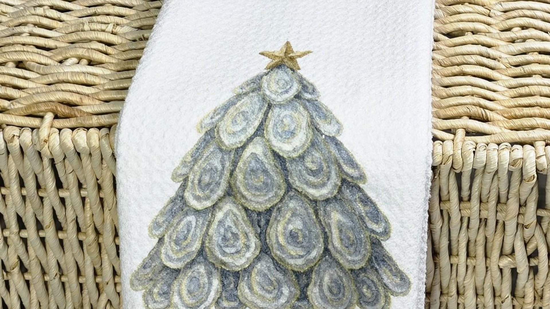 oyster shell Christmas tree tea towel for bathroom, coastal Christmas kitchen towel for women, nautical housewarming gifts for her, holiday