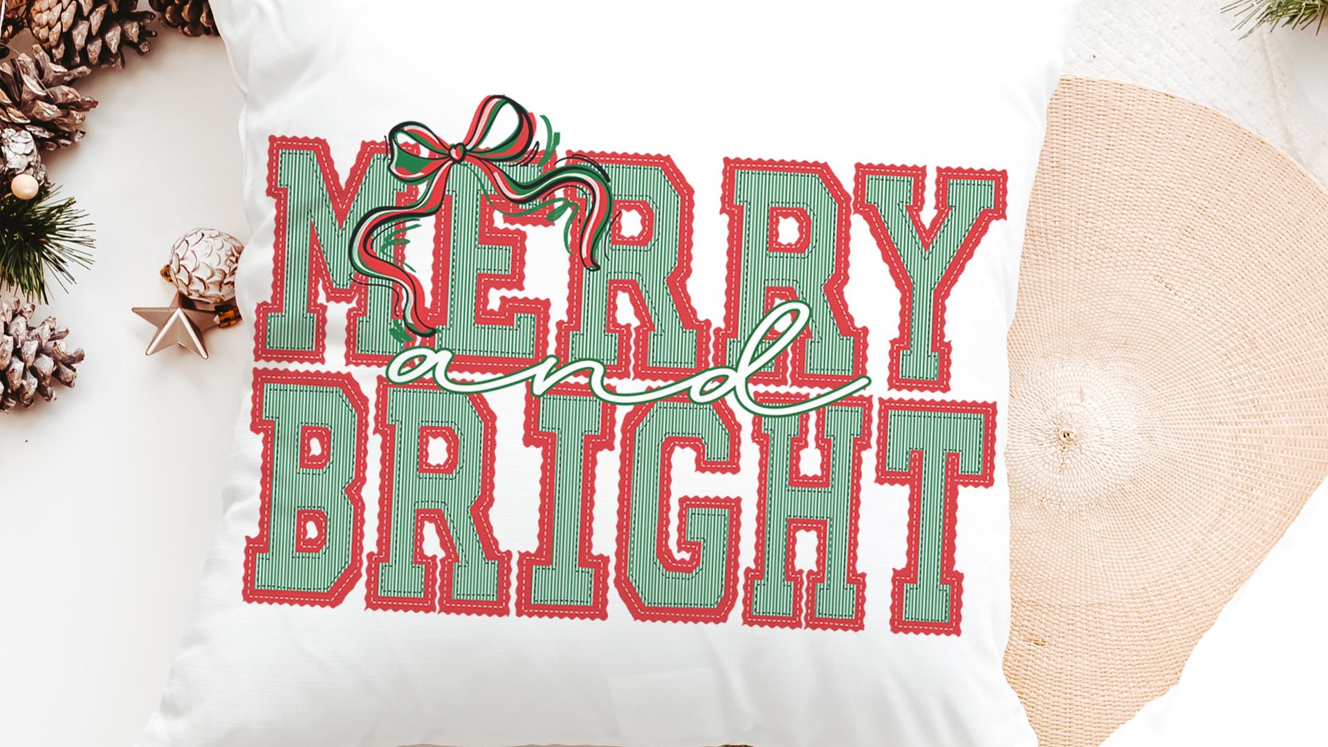 merry and bright preppy Christmas throw pillows for couch red and green seersucker Christmas decor, holiday hosting decor home decor gift