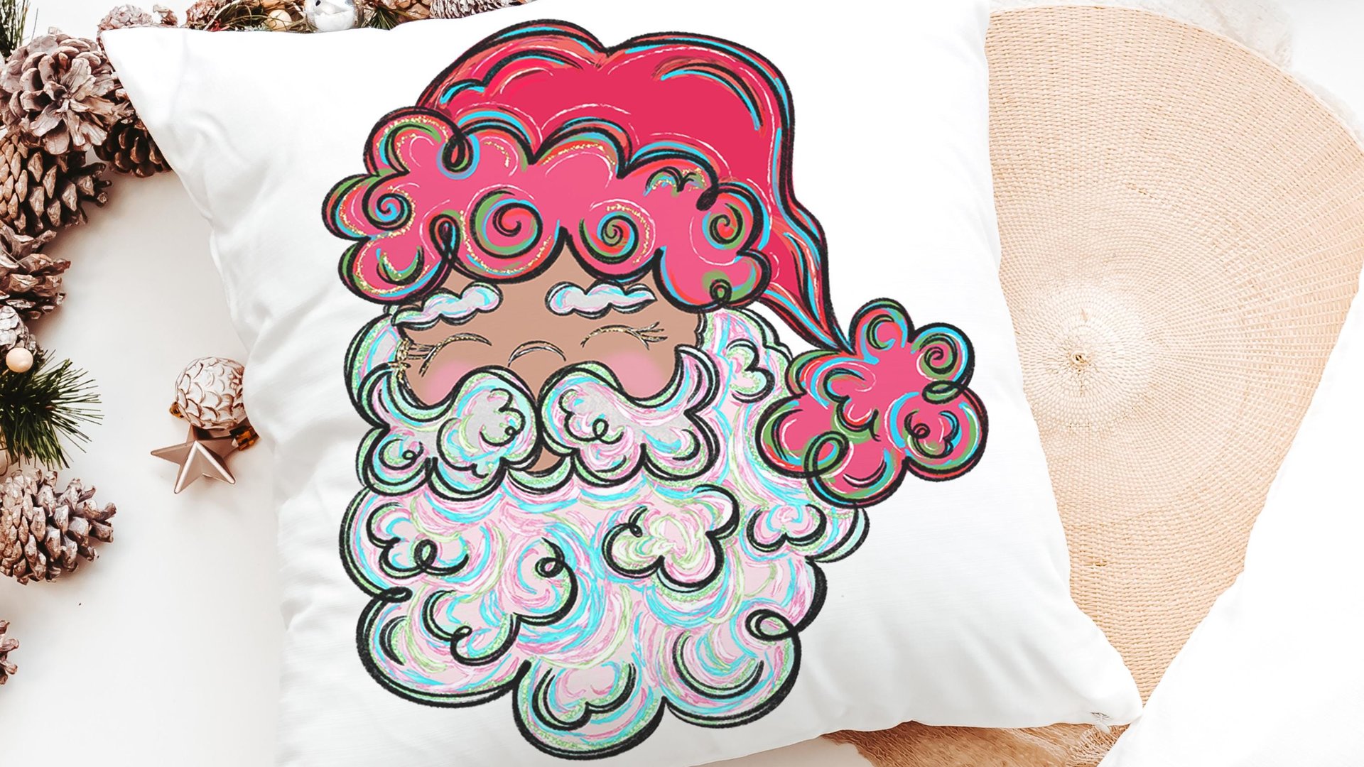 colorful Santa throw pillows for kids playroom, holiday hosting decor home decor gift, fun Christmas decorative pillows for couch, whimsical