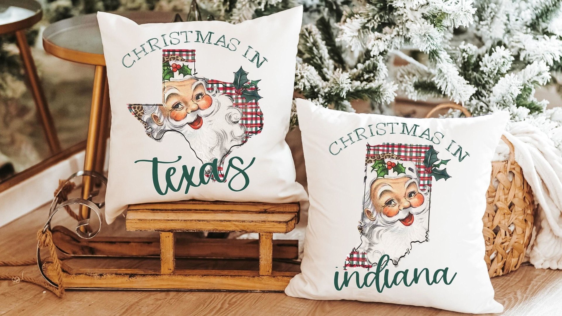 Santa throw pillows for couch, Texas kitchen towels for winter, holiday hosting decor home decor gift, Texas Christmas gifts for neighbors