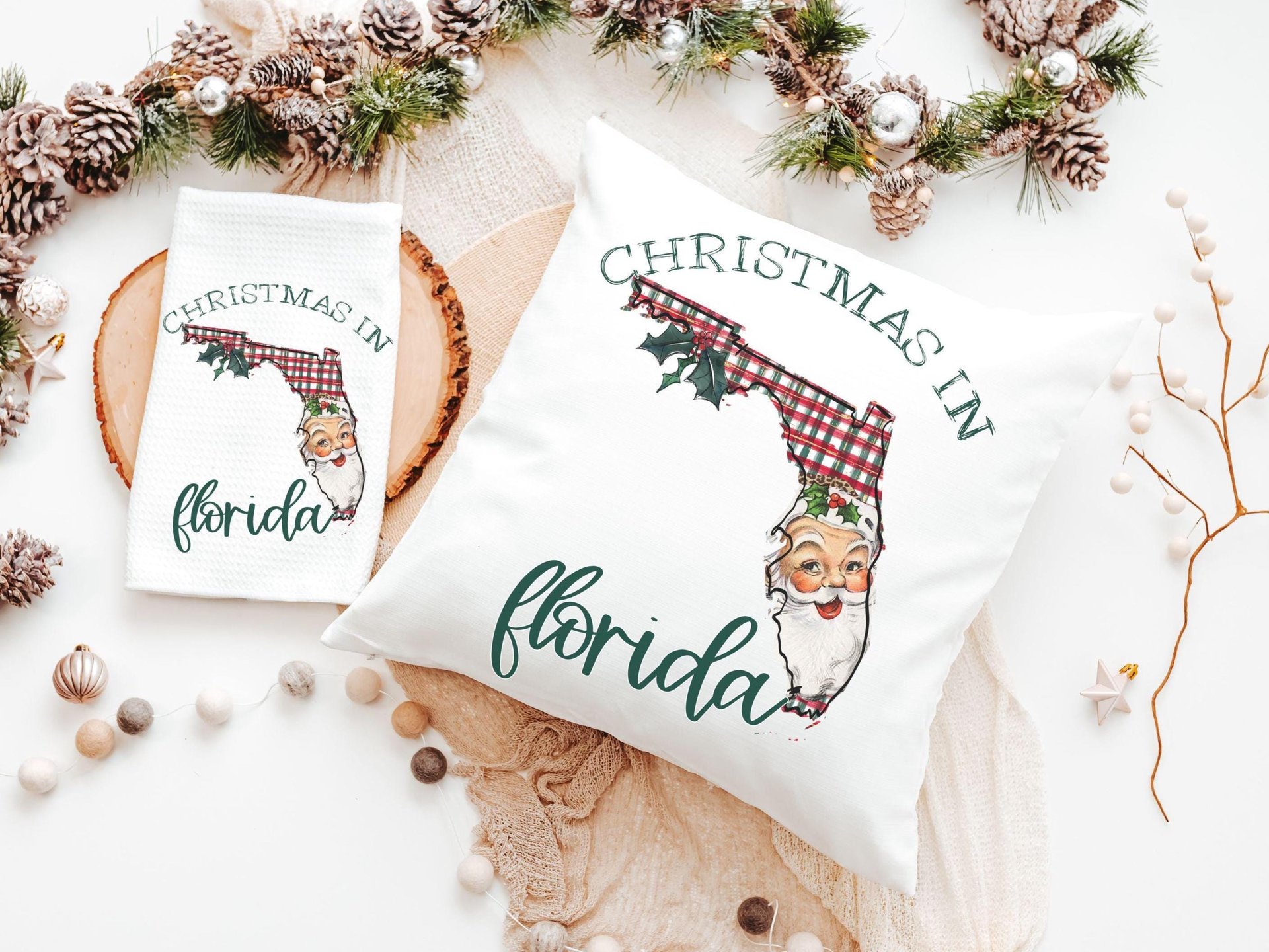 Christmas in Florida Santa throw pillows for couch, Santa Claus hand towel for guest bathroom, Florida Christmas gifts for neighbors, Xmas
