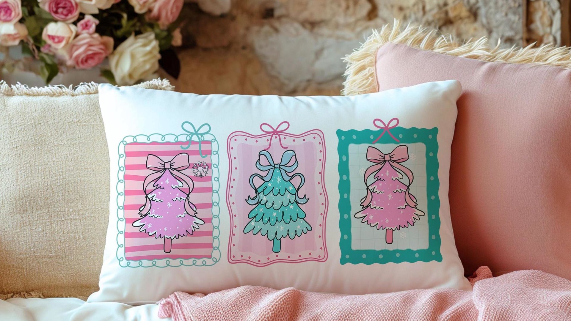 pastel Christmas tree lumbar throw pillows for couch pink Christmas decorative pillows for girls, Christmas housewarming gift for daughter