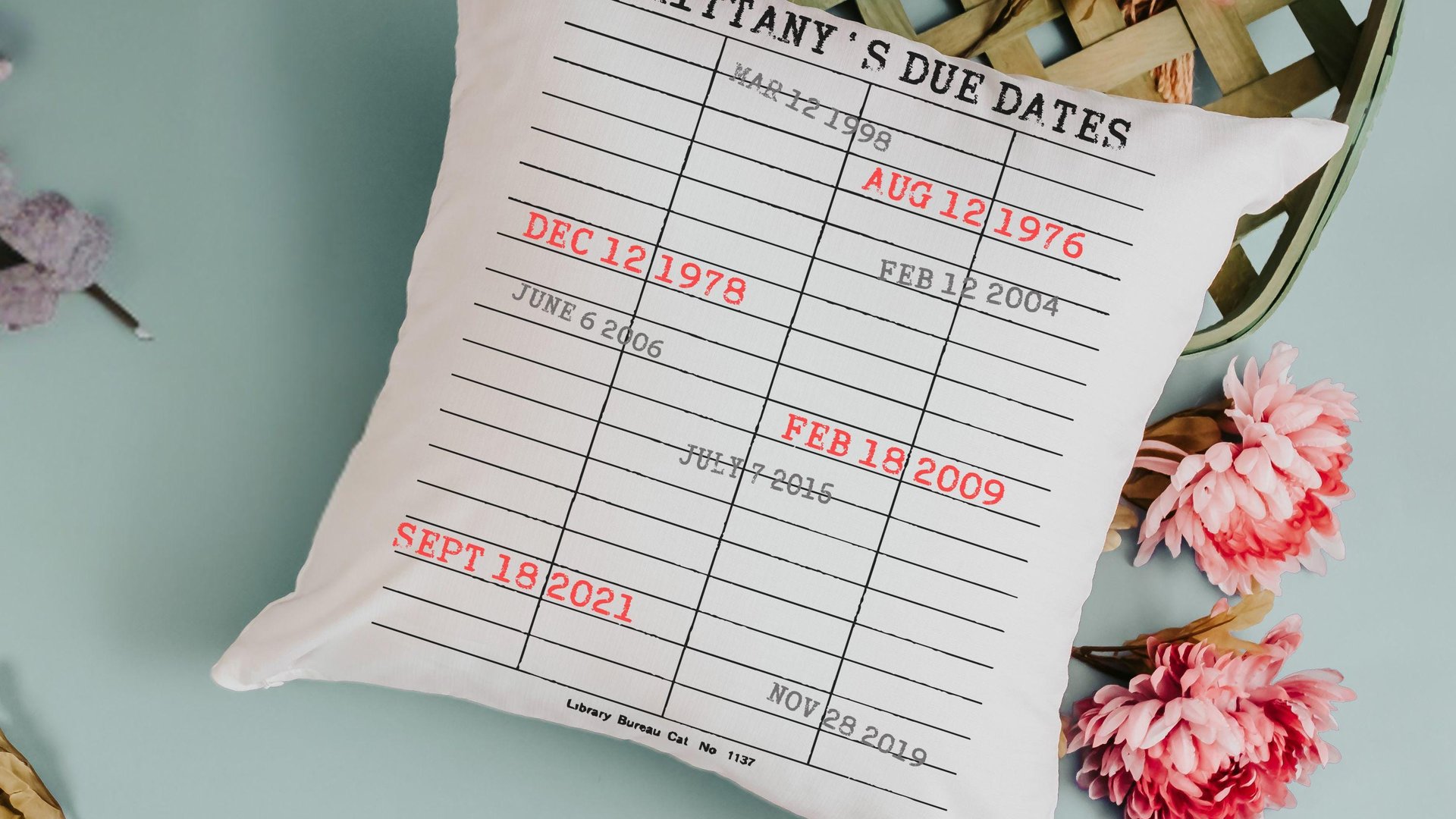 personalized library due date throw pillows for couch, custom book lover gift for women, bookish Christmas gifts for grandma, special dates