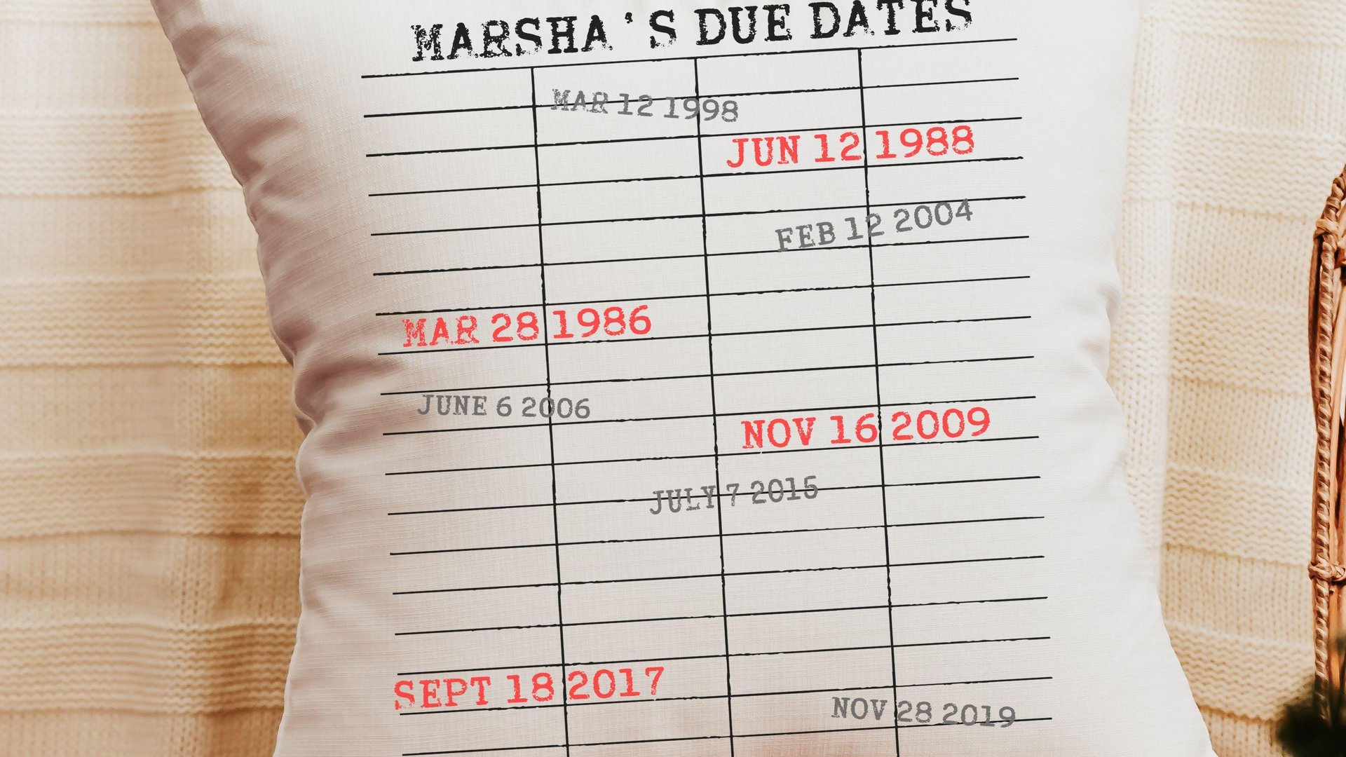 personalized library due date throw pillows for couch, custom book lover gift for women, bookish Christmas gifts for grandma, special dates