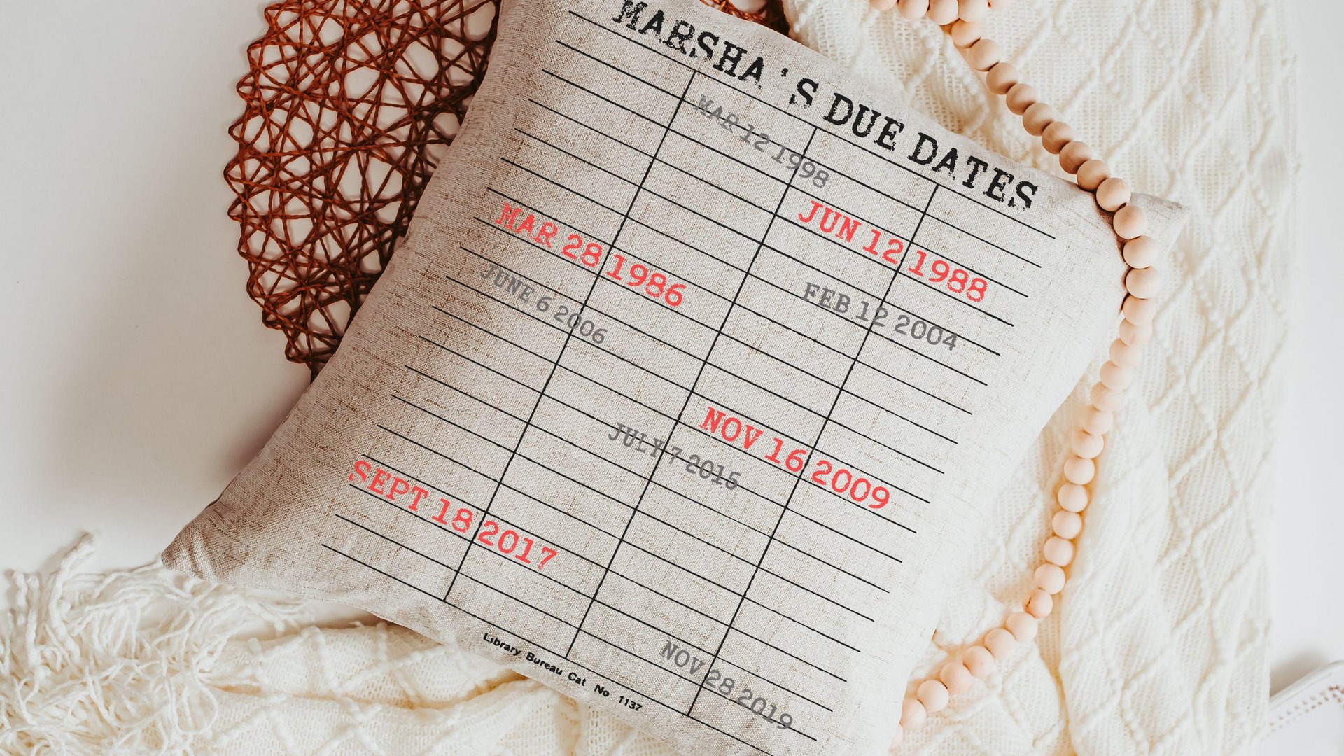 personalized library due date throw pillows for couch, custom book lover gift for women, bookish Christmas gifts for grandma, special dates